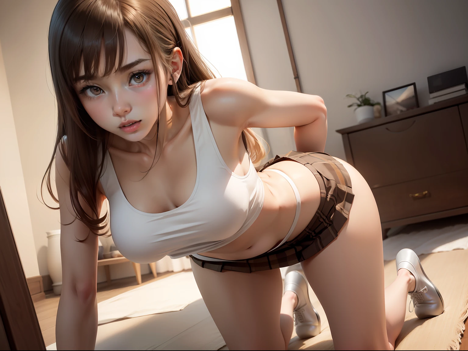 masuter piece, best qualtiy, ((realisitic)), 8K picture quality, extremely delicate and beautiful, magnifica, Official art with attention to detail, Ridiculous, unbelievable Ridiculous, (Put the head in the frame), huge filesize, ultra-detailliert, ighly detailed, (Pretty girl), (Petite and pretty girl), (Korean beauty), ((Perfect female figure)), Slim waist, brown haired, ((all-fours)), ((stick out buttocks)), (upper view), ((Wearing a tank top)), ((Mini flared skirt)), ((White underwear)),