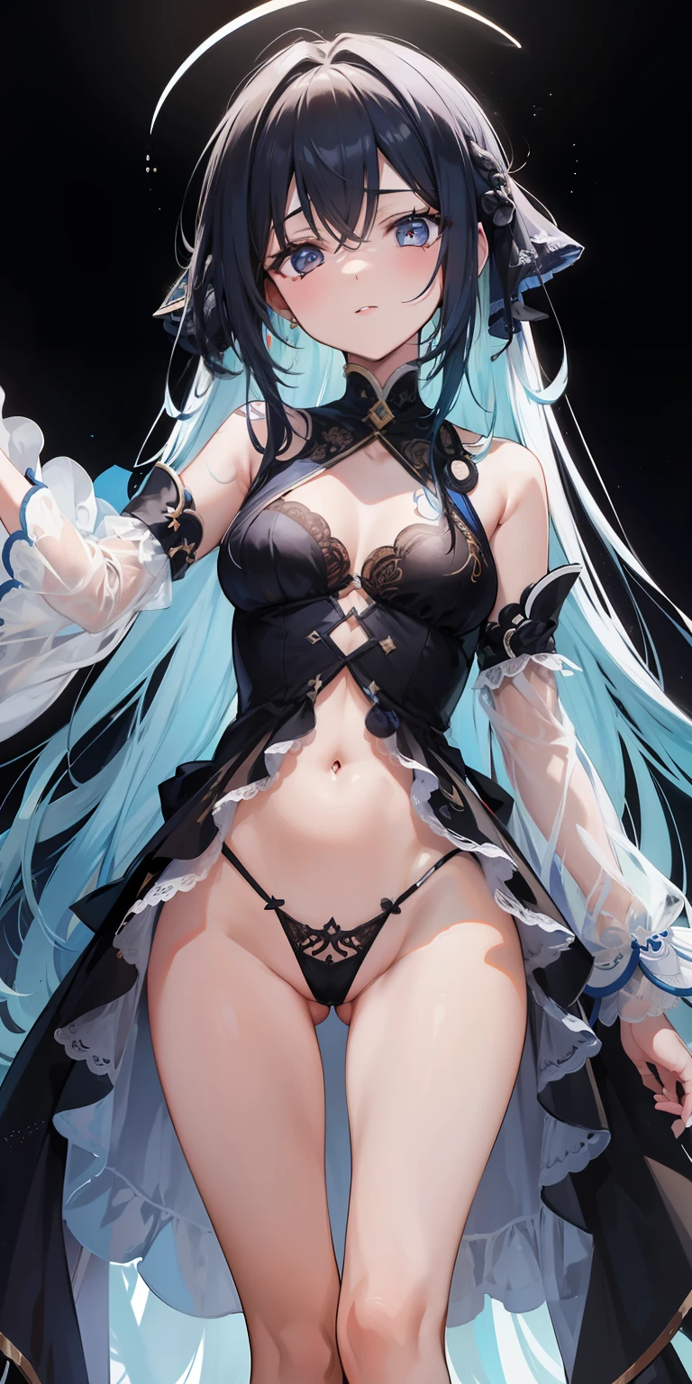 (Imagem rica, qualidade de obra-prima) arte requintada 8K CG, postura semelhante a deusa, movimento de joelhos, pele fina e macia, beautiful translucent, cabelo preto bonito, medium long hair and messy hair fusion aesthetic form, pele clara e suculenta, grandes uniforme JK, perspectiva parte 1,2 times enhanced silhouette effect, delicate pajamas transparent blue pattern, detalhes complexos e requintados, fundo ligeiramente desfocado, charming and lascivious leg-opening temptation, saliva jorrando.