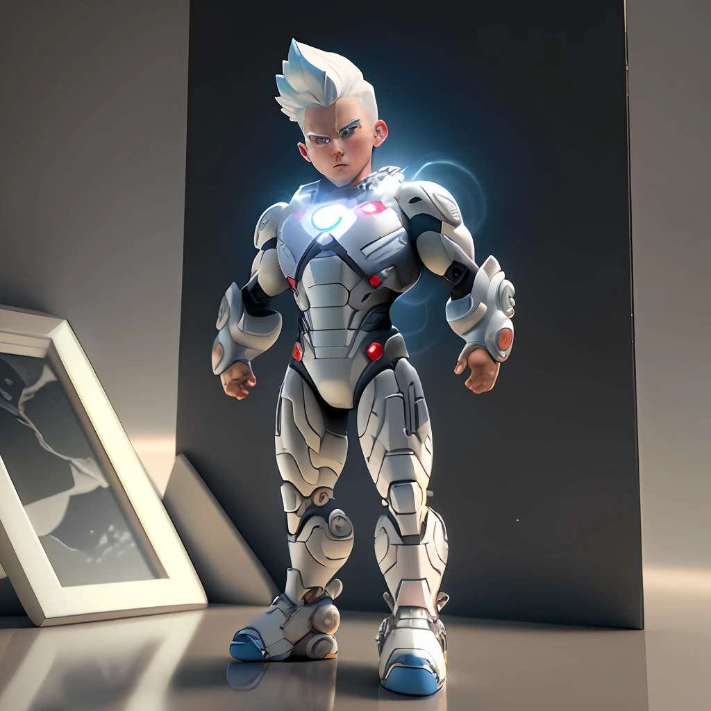 Ironman, super saiyan, arm depiction, white and blue hair body, exquisite shoes, eye depiction, exquisite hair, popmart blind box, clay texture, stepping on the land, black and white background, natural lighting, most good quality, super detail, 3D art, c4d, OC renderer, 3D rendering, 8k