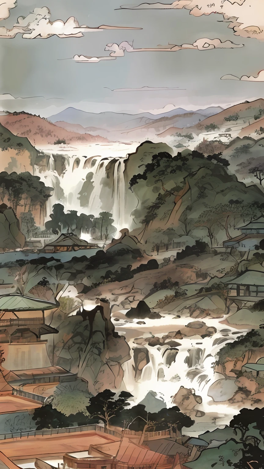 A painting of a waterfall in a valley,The background is a mountain, Chinese painting style, author:Chen Daofu, author:Wang Jian, author:Li Zai, author:Wang Fu, author:Julian, author:Du Qian, author:Wu, author:Xu Xi, author:Luo Mu, author:Wu Zhen, Chinese landscape
