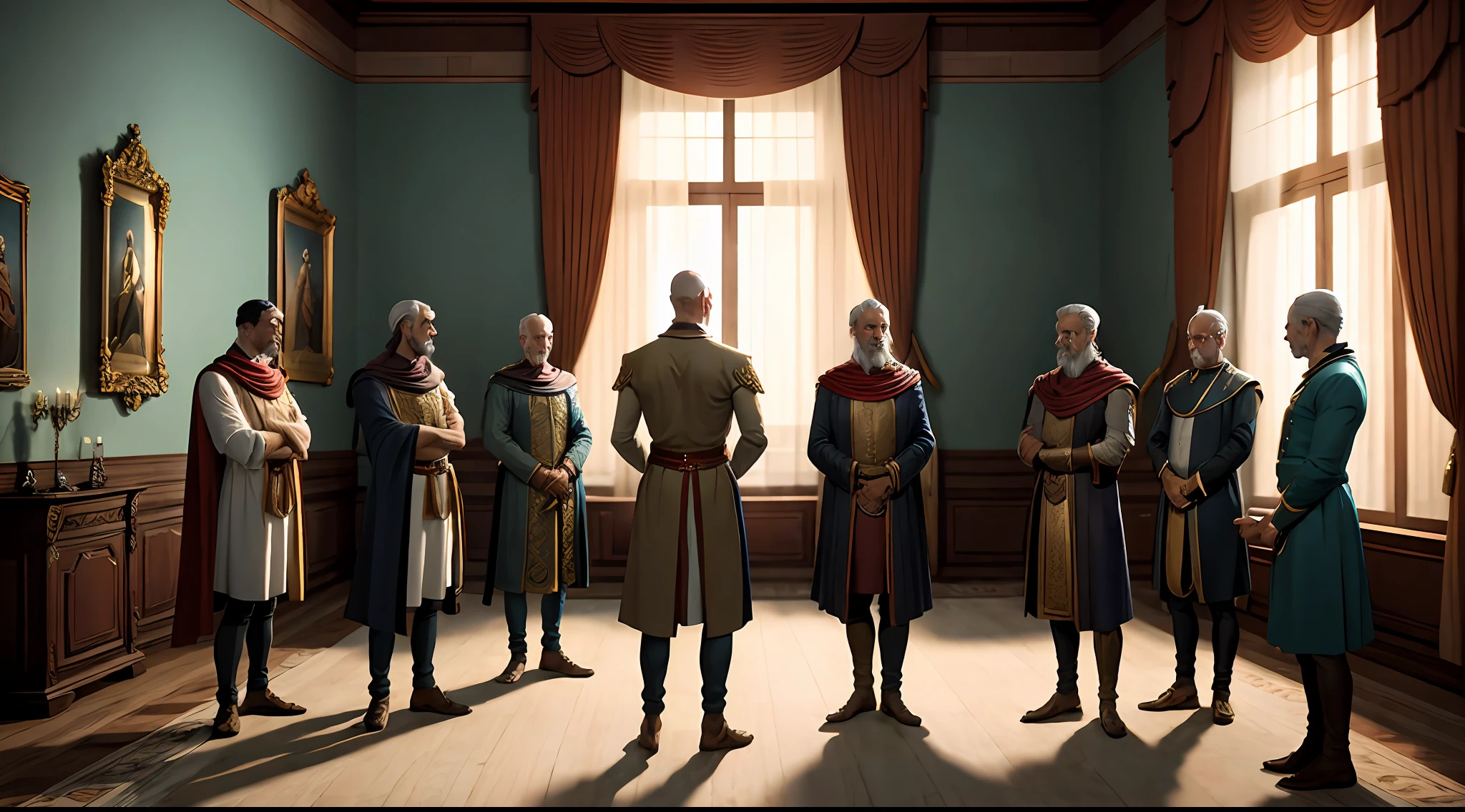 In ancient Europe, several men stood in the room and gathered around to discuss matters and hold meetings，（（The background is French Antiquity 1.5）Anime style 4 K，Anime rendering，style of anime。8k，（Cinematic lighting 1.5）