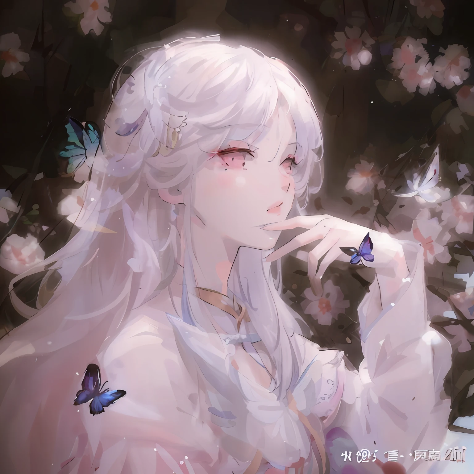 Anime girl with white hair and butterfly wings in the garden, Guviz-style artwork, Guviz, author:Chen Lin, by Yang J, Guweiz in Pixiv ArtStation, inspired by Yanjun Cheng, Guweiz on ArtStation Pixiv, By Li Song, a beautiful anime portrait, Ethereal beauty