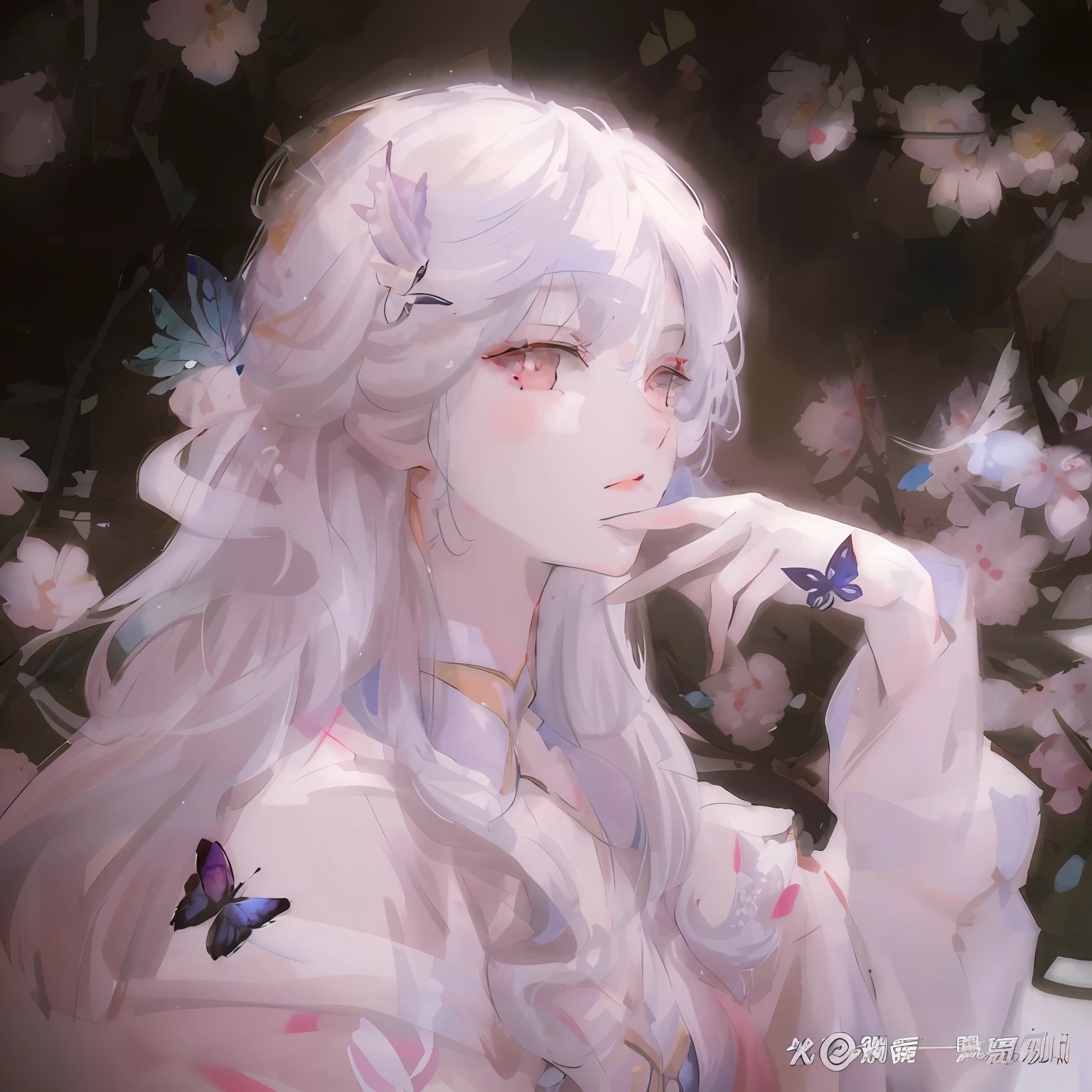 Anime girl with white hair and butterfly wings in the garden, Guviz-style artwork, Guviz, author：Chen Lin, by Yang J, Guweiz in Pixiv ArtStation, inspired by Yanjun Cheng, Guweiz on ArtStation Pixiv, By Li Song, a beautiful anime portrait, Ethereal beauty