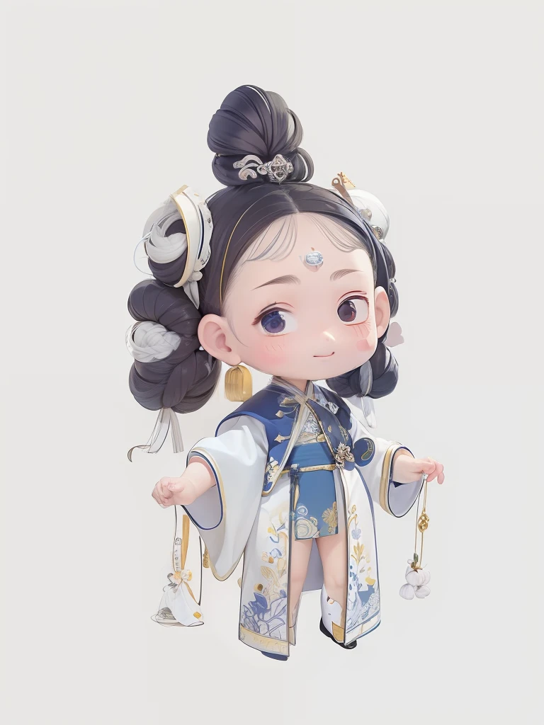 Miniature decent，ssmile，Coiled hair，1girll，adolable，Hanfu，China-style，Full body like，Dance，Rich expressions，white backgrounid，long eyelasher，dolls，Super detailed facial details，full bodyesbian，dance，