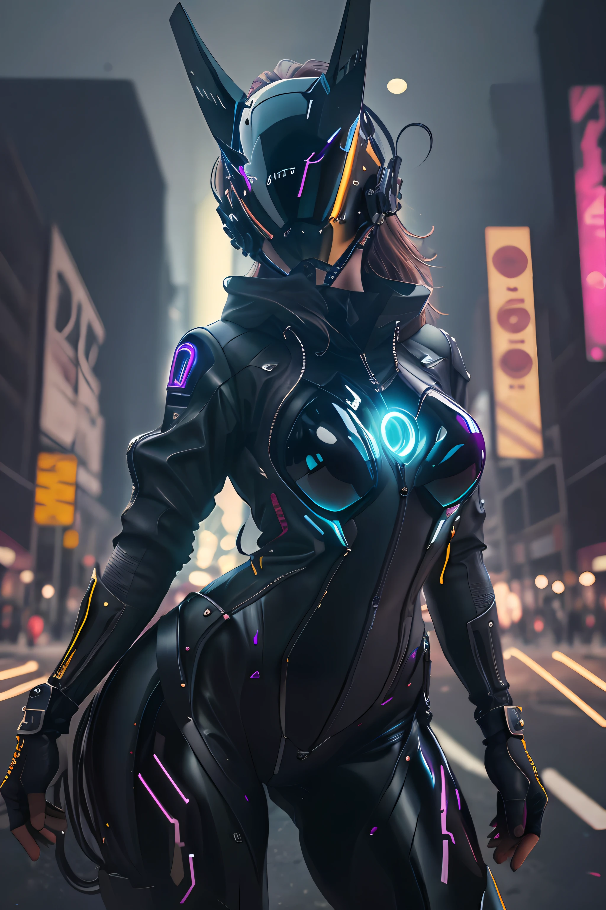 solo, Raw photo, realistic, masterpiece, best quality, high resolution, ultra detailed, offical arts, unity 8K wallpaper, offical wallpaper,  moody atmosphere, chiaroscuro, celty, 1girl,1female, helmet, bodysuit, black bodysuit, skin tight, biker clothes, animal ears, bikesuit, leather, large breasts, night, moonlight, gloves, (((unzipping))), innerboob, pose, a person in a cyberhelmet, white cyberhelmet, fantastic, close up, motion lines, hyper detailed, neon lights, neon colors, cyberpunk, reflections,