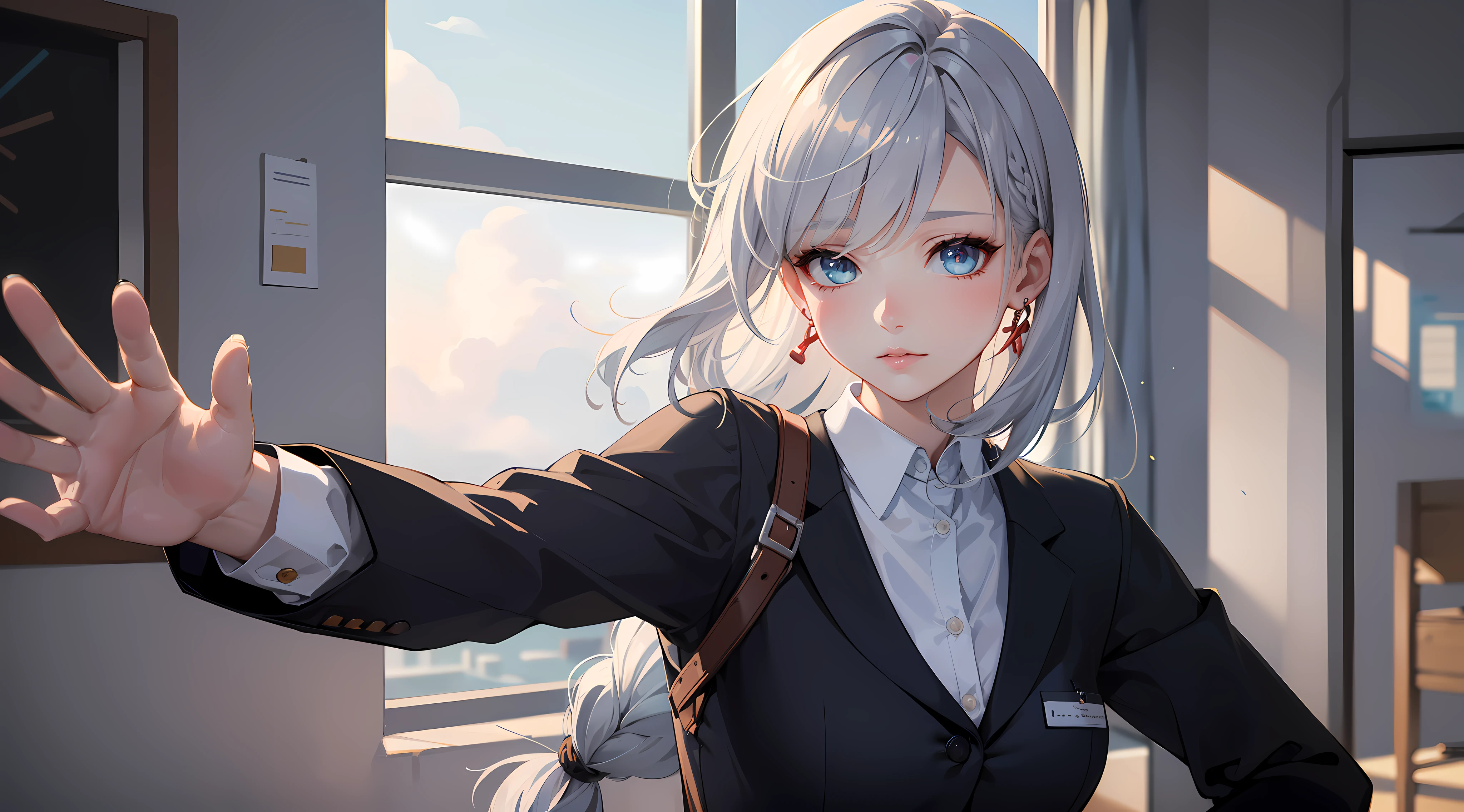 office girl, office suit, upper body, seductive look, blush, indoors, in office, looking at viewer, cloudy, moody lighting, (perfect detail eyes:1.2), glowing eyes, (long hair one braid:1.2), elemental skill effect, (Masterpiece, Best Quality, High Quality:1.4), professional artwork, Intricate Details, field of view, sharp focus, detailed painting, photorealistic lighting, trending on pixiv, (vivid lighting, vibrant colors:1.05), realistic shadows, ambient occlusion, (athletic body:1.3), mature woman, 30yo, shenhe, hyperdetail eyes, beautiful eyes, (((solo:1.4)))