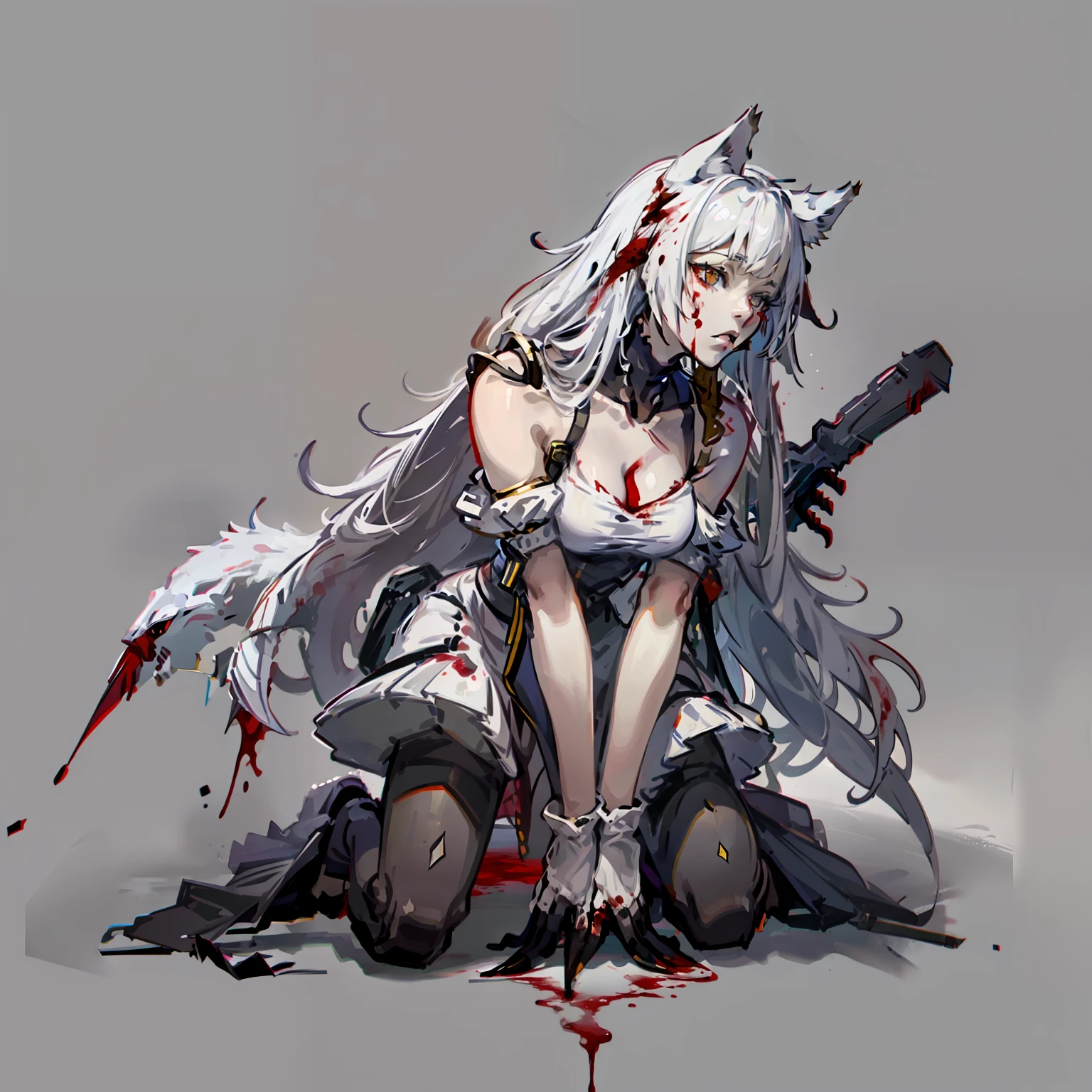 full body shot, no background, white background, wolf lady, bleeding from the mouth, sharp claws on hands, I have blood on my hands,