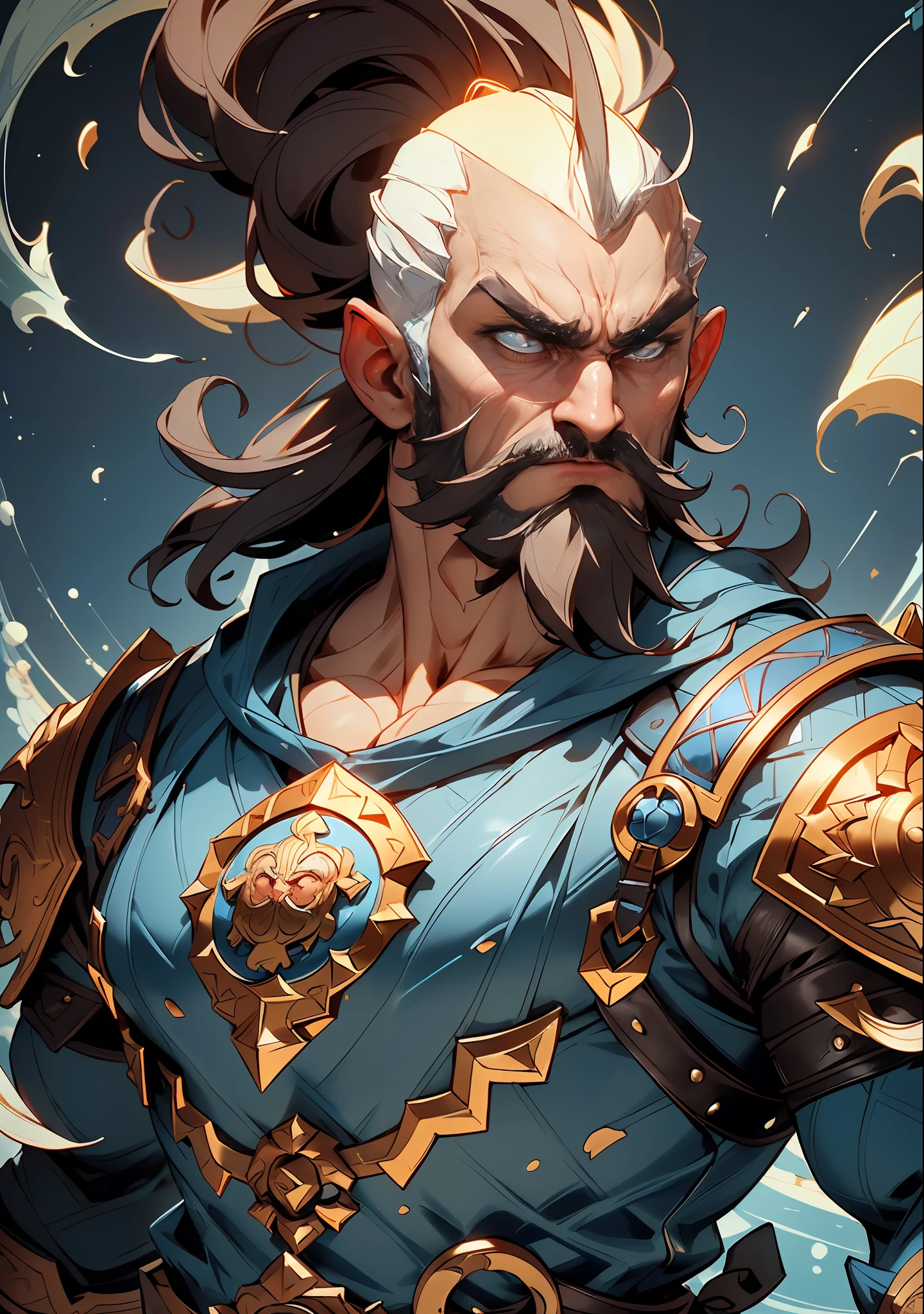 A muscular bald beard wears leather armor with a powerful aura emanating from his whole body, his eyes wide open with anger, et sa bouche rugissante, He is dressed in simple but dignified blue-patterned cloth armor with a white base., This character design is reminiscent of Chinese martial arts heroes in Japanese anime, with finely crafted character design and mature art style, ((Concept Art de personnage)), Whole-body character drawing, High definition, Best quality, Ultra-detailed, extremely delicate, anatomiquement correct, symmetrical face, extremely detailed eyes and face, High quality eyes, Photo brute, UHD, 8k, professional lighting, softlighting, (Masterpiece:2)