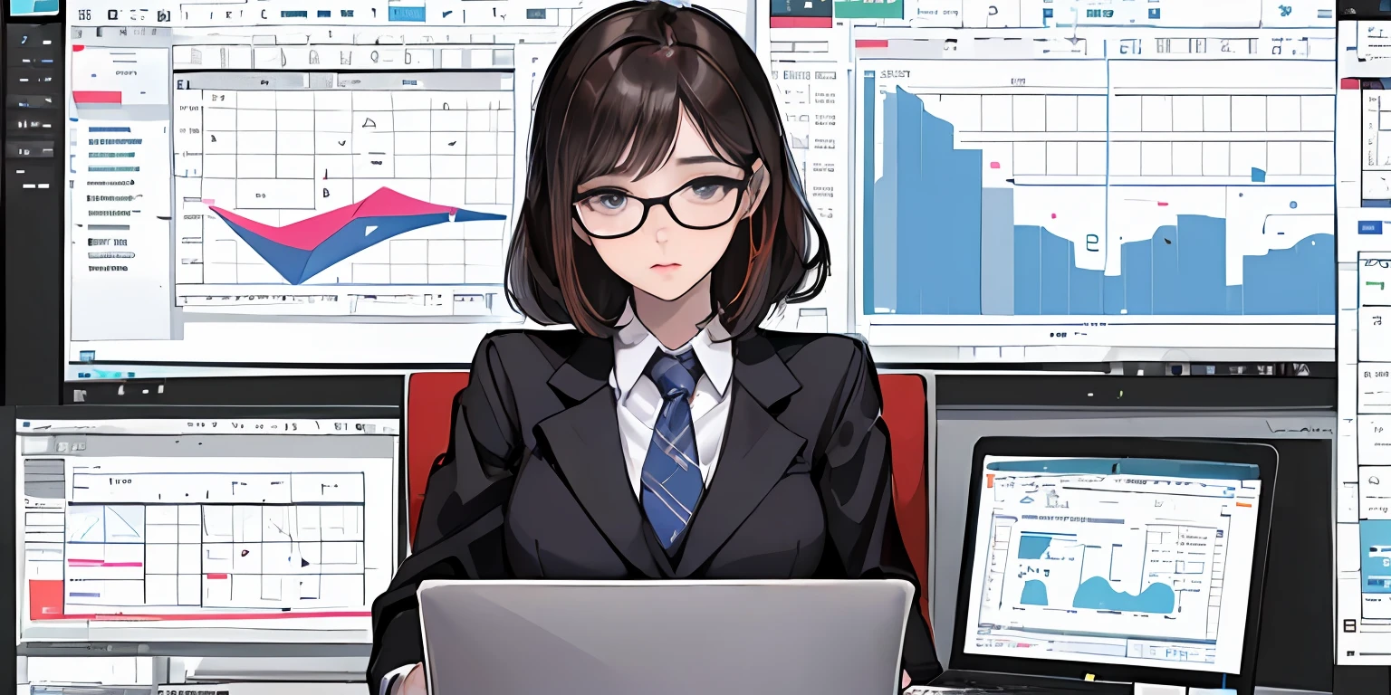 (Secretary Woman:1.3), (data entry:1.3), (focused expression:1.2), (Laptop Open:1.3), (On-screen spreadsheets:1.2), (Type quickly:1.1), (office setting:1.2), (Charts and graphs:1.2), (Coffee Cup:1.0), (Notepad next to:1.1), (Digital efficiency:1.3)