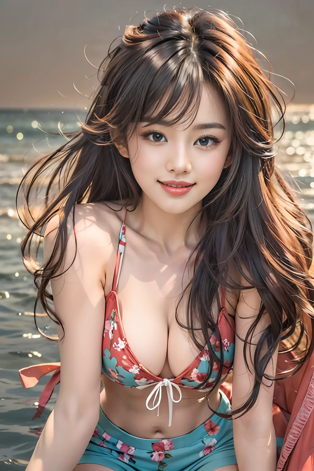 tmasterpiece，Need，full bodyesbian，1girll，Have by the sea，Wear sexy swimsuits，By bangs，brunette color hair，Blushlush，beauty breast，Eyebrows visible through hair，Gradient hair，grinning smile，Long hair，looking at viewert，ssmile，street corner，Skysky，SakuraNS，Shoes 1.6，plain view，sea beach，
