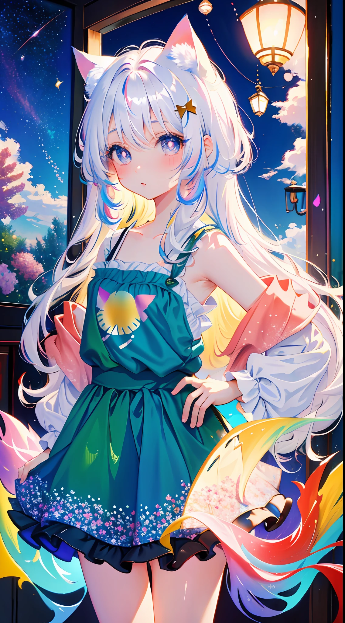 (masterpiece, high quality, highres,Highest picture quality),
BREAK
blurry background, (colorful:0.7), (eyes focus:1.2), looking at viewer, upper_body, fisheye, (indoors:1.1), cuteg, warm light, cute cat ears, 
BREAK 
1loli, standing, solo, ^ ^, (leaning_forward:1.1), arms_behind_back, (wide-eyed:1.1), head_tilt, bare shoulders, small breasts, long eyelashes, collarbone, (blush:0.95),
BREAK
shiny skin, shiny hair,(bright pupils:1.1),Curious,detailed eyes,hair ornament, long hair, two side up hair,white hair, upskirt, shiny eyes,