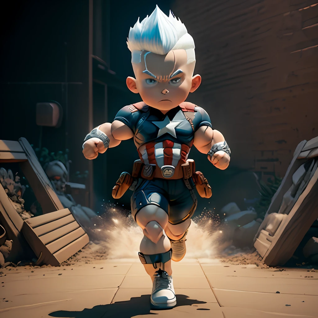 Captain America, super saiyan, arm depiction, white and blue hair body, exquisite shoes, eye depiction, exquisite hair, popmart blind box, clay texture, stepping on the land, black and white background, natural lighting, most good quality, super detail, 3D art, c4d, OC renderer, 3D rendering, 8k