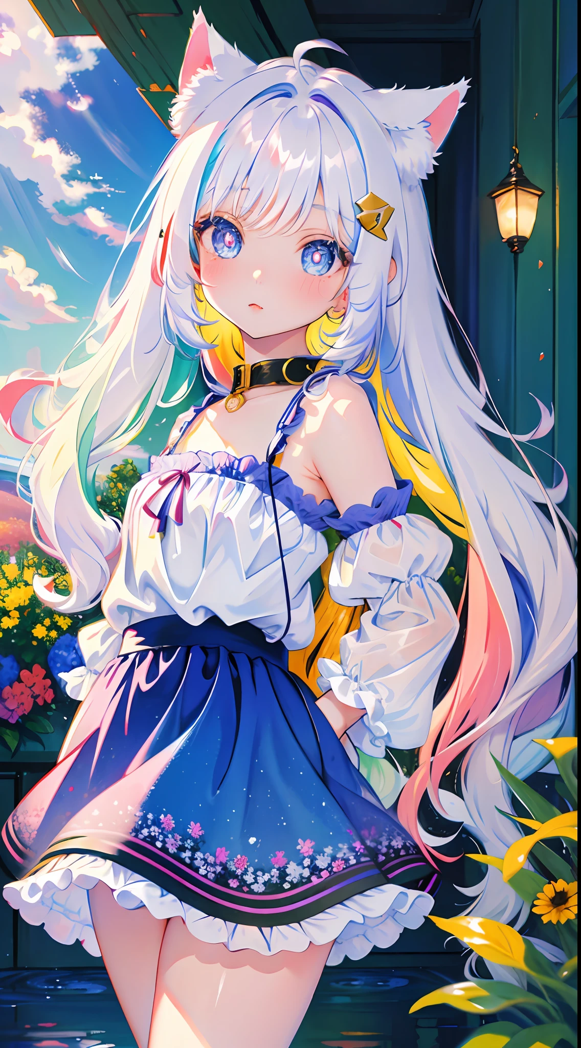 (masterpiece, high quality, highres,Highest picture quality),
BREAK
blurry background, (colorful:0.7), (eyes focus:1.2), looking at viewer, upper_body, fisheye, (indoors:1.1), cuteg, warm light, cute cat ears,
BREAK
1loli, standing, solo, ^ ^, (leaning_forward:1.1), arms_behind_back, (wide-eyed:1.1), head_tilt, bare shoulders, small breasts, long eyelashes, collarbone, (blush:0.95),
BREAK
shiny skin, shiny hair,(bright pupils:1.1),Curious,detailed eyes,hair ornament, long hair, two side up hair,white hair, upskirt, shiny eyes,