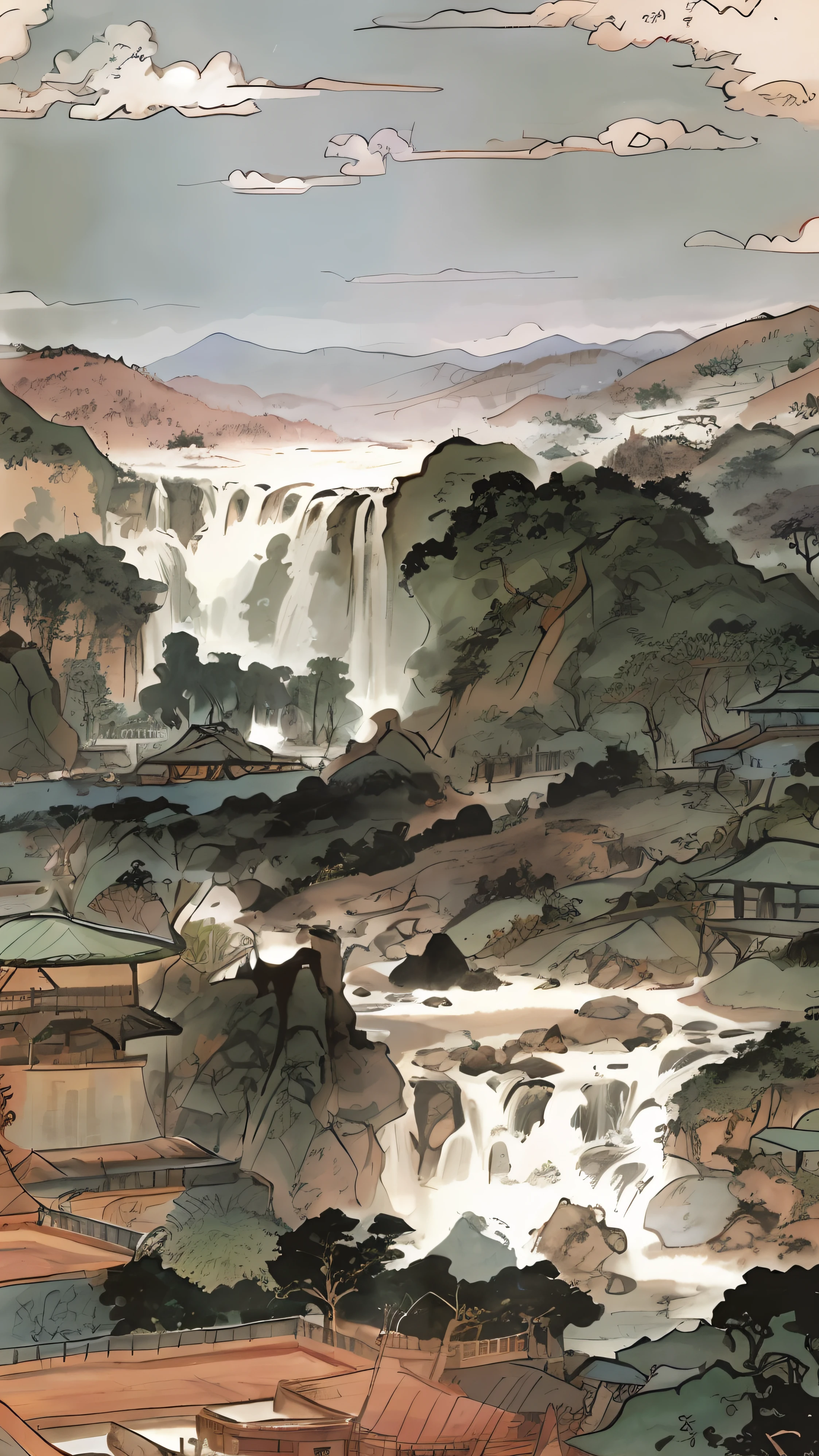 A painting of a waterfall in a valley，The background is a mountain, Chinese painting style, author：Chen Daofu, author：Wang Jian, author：Li Zai, author：Wang Fu, author：Julian, author：Du Qian, author：Wu, author：Xu Xi, author：Luo Mu, author：Wu Zhen, Chinese landscape