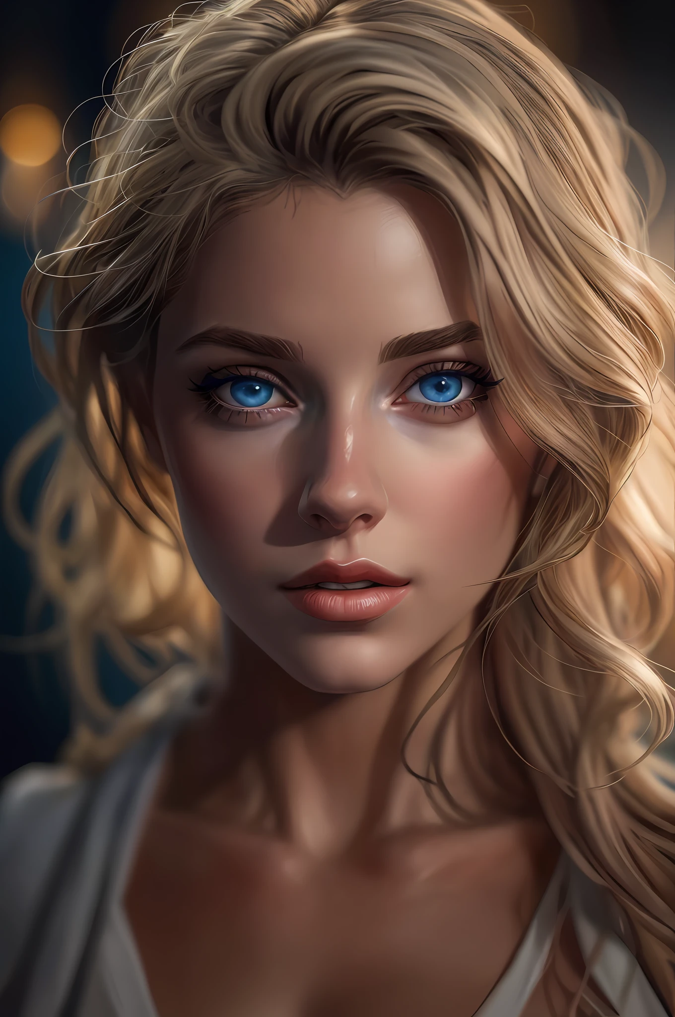 um close up de uma mulher com olhos azuis e cabelos loiros, Arte digital realista 4K, Arte digital realista 4K, pintura digital realista, foto retrato suave 8 k, pintura digital fotorrealista, 8 k arte digital realista, pintura digital ultra realista, lindo pintura digital, realistic digital illustration, pintura digital impressionante, stunning digital illustration, pintura digital hiper realista