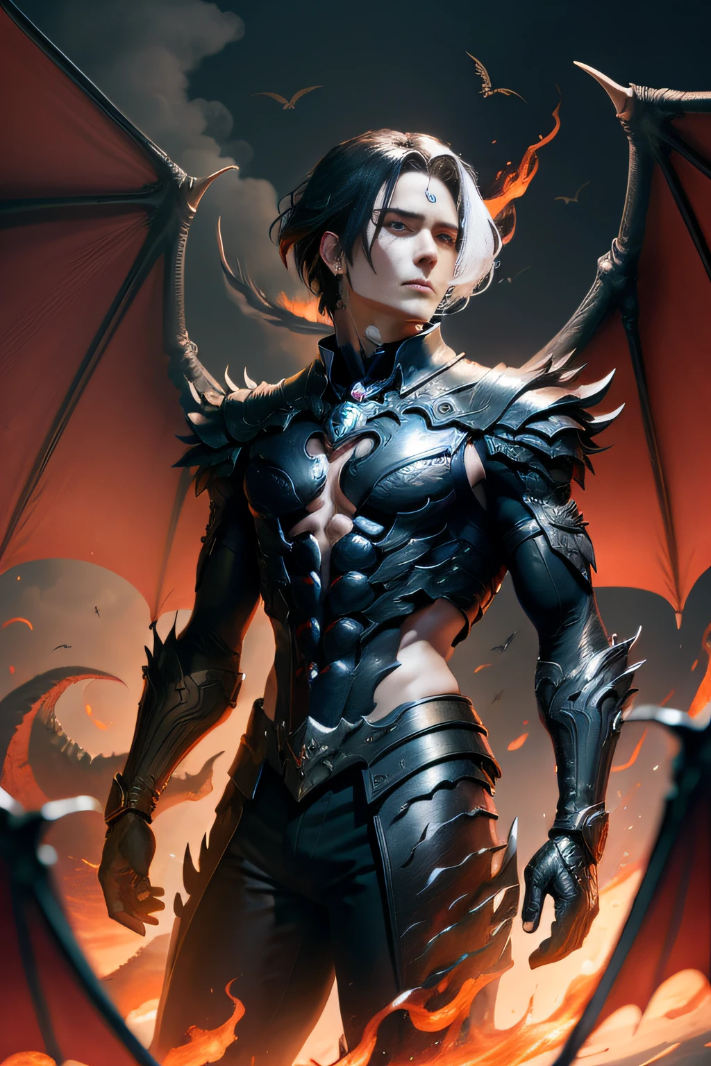 Black Dragon,Wings,breathingfire,soar,Humanoid,male people,火焰