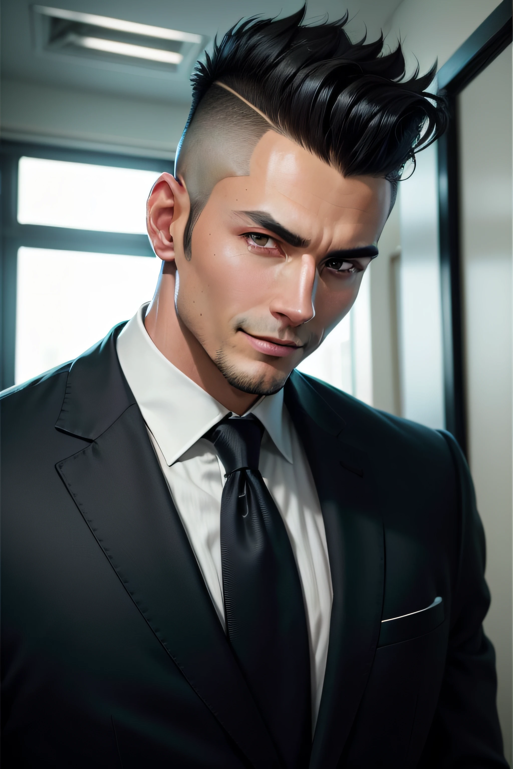 Experienced cool man with a sense of cleanliness in dress suit and tie、Fearless face、Black hair soft mohawk、No beard、Body and head straight in the photo、Facing the viewer of the photo、The eye fixed on the lens is、Shoulders and head shown in the photo、Man in the center of the photo、8k、top-quality、masterpiece、photos realistic、Movie Photos、A hyper-realistic、1人、vivid、Perfect litthing、 professional photograpy、、a little bit smile、Location is Office、
