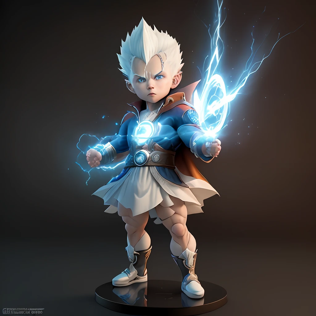 Doctor strange, super saiyan, arm depiction, white and blue hair body, exquisite shoes, eye depiction, exquisite hair, popmart blind box, clay texture, stepping on the land, black and white background, natural lighting, most good quality, super detail, 3D art, c4d, OC renderer, 3D rendering, 8k