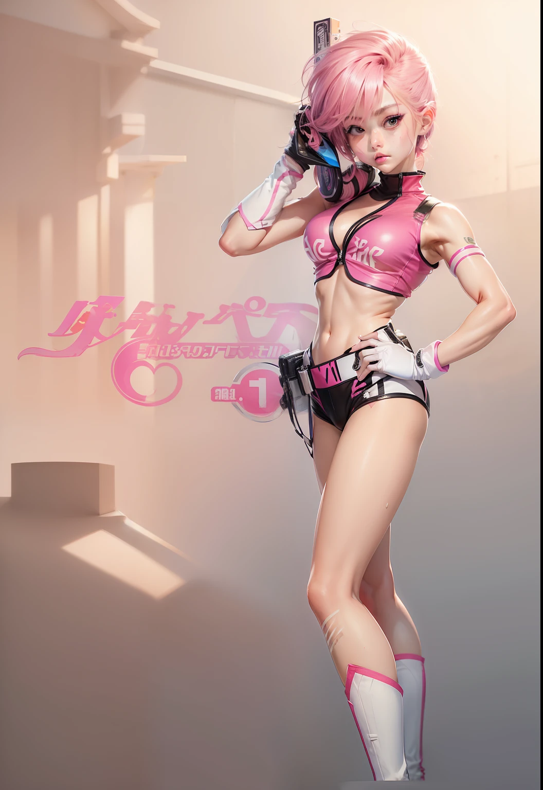 (masterpiece:1.3), (8K, Photorealsitic, Raw photography, Top image quality: 1.4), Japan high school girls、(Random hairstyles:1.2)、maikurobikini:1.2、Super Detail Face、Eye of Detail、二重まぶた、foco nítido:1.2、prety woman:1.4、Bright pink hair、top-quality、masterpiece、超A high resolution、(Photorealsitic:1.4)、Highly detailed and professional lighting smile、Tight white crop top、White Racing Shorts、Shining sweat、a baby face、slender、serious facial expression、short-haired、Strong thighs、Slender eyes、Tight slim waist