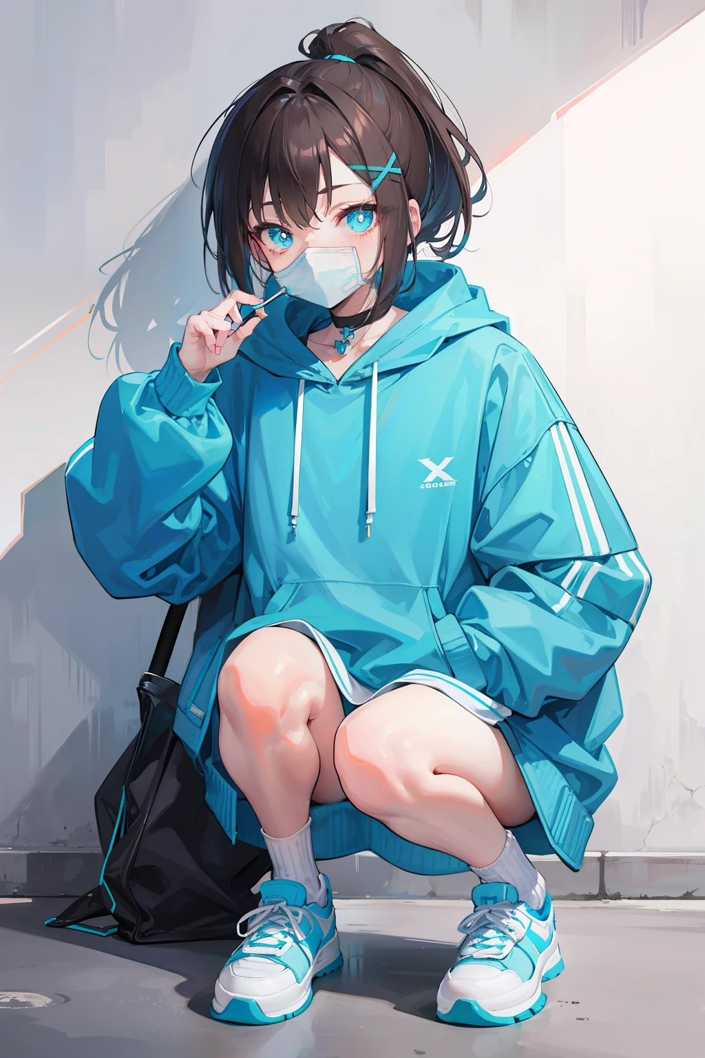 Cyan sweatshirt，hooding，with short brown hair，Bare legged，X-shaped hairpin，Light blue pupils，leg loops，Stick one hand in your pocket，Mare，Low ponytail，full bodyesbian，White sneakers，Lollipop in hand