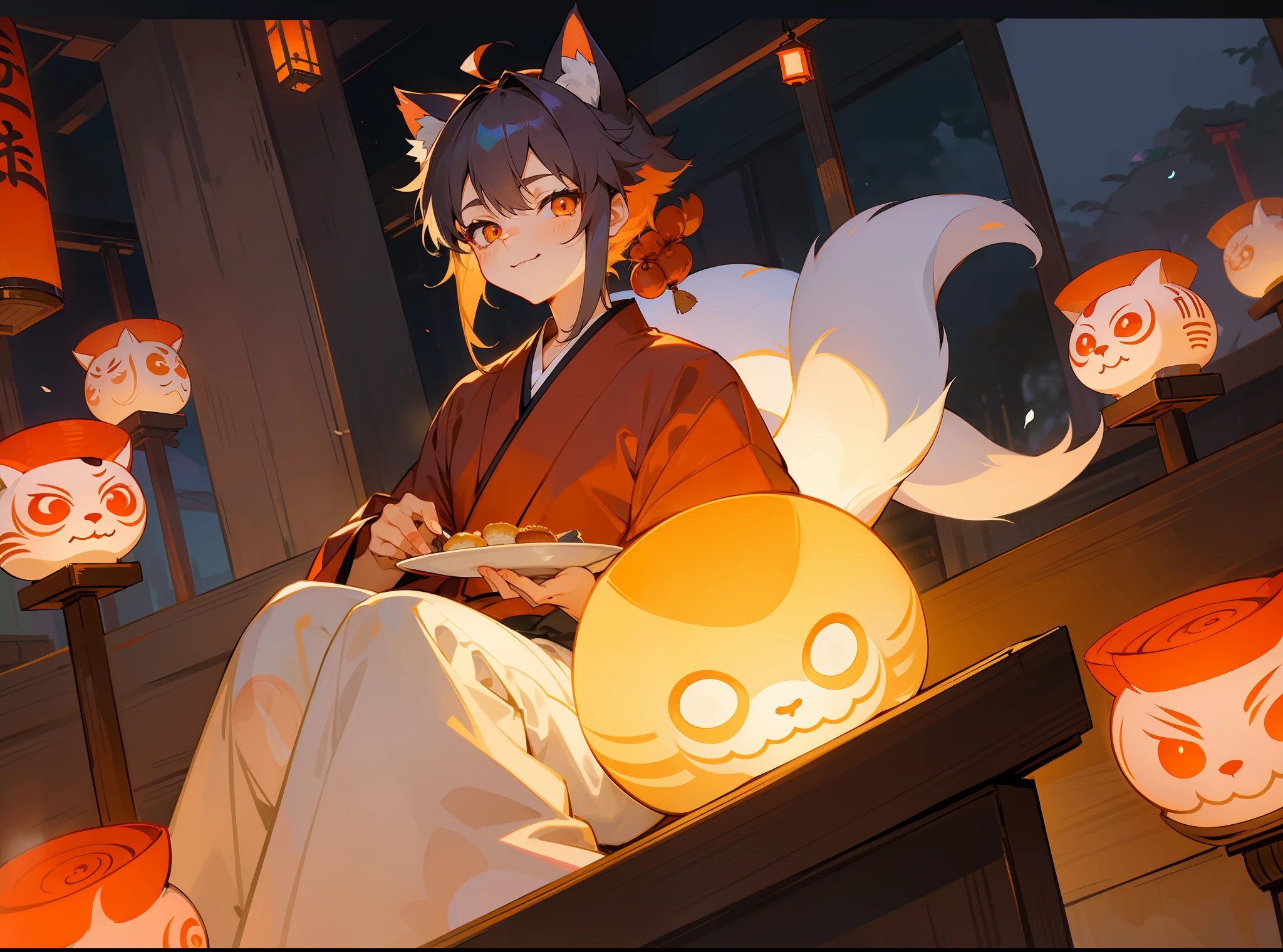 Boy with old-fashioned ghost cat ears and tail shorth hair About Eyes Like Gems youkai Breakdown shrines Wearing kimono Luminous Lantern Cat Yokai male child a smiling a bun Cute cat yokai youkai