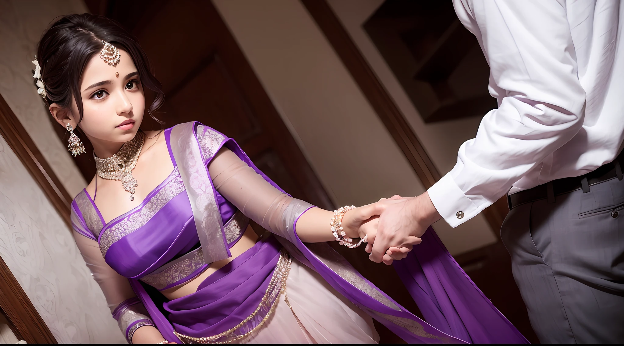 A boy holding a girl hands, romantic, purple saris dress , high quality detail, ultra realisti,  18 old boy, 16old girl