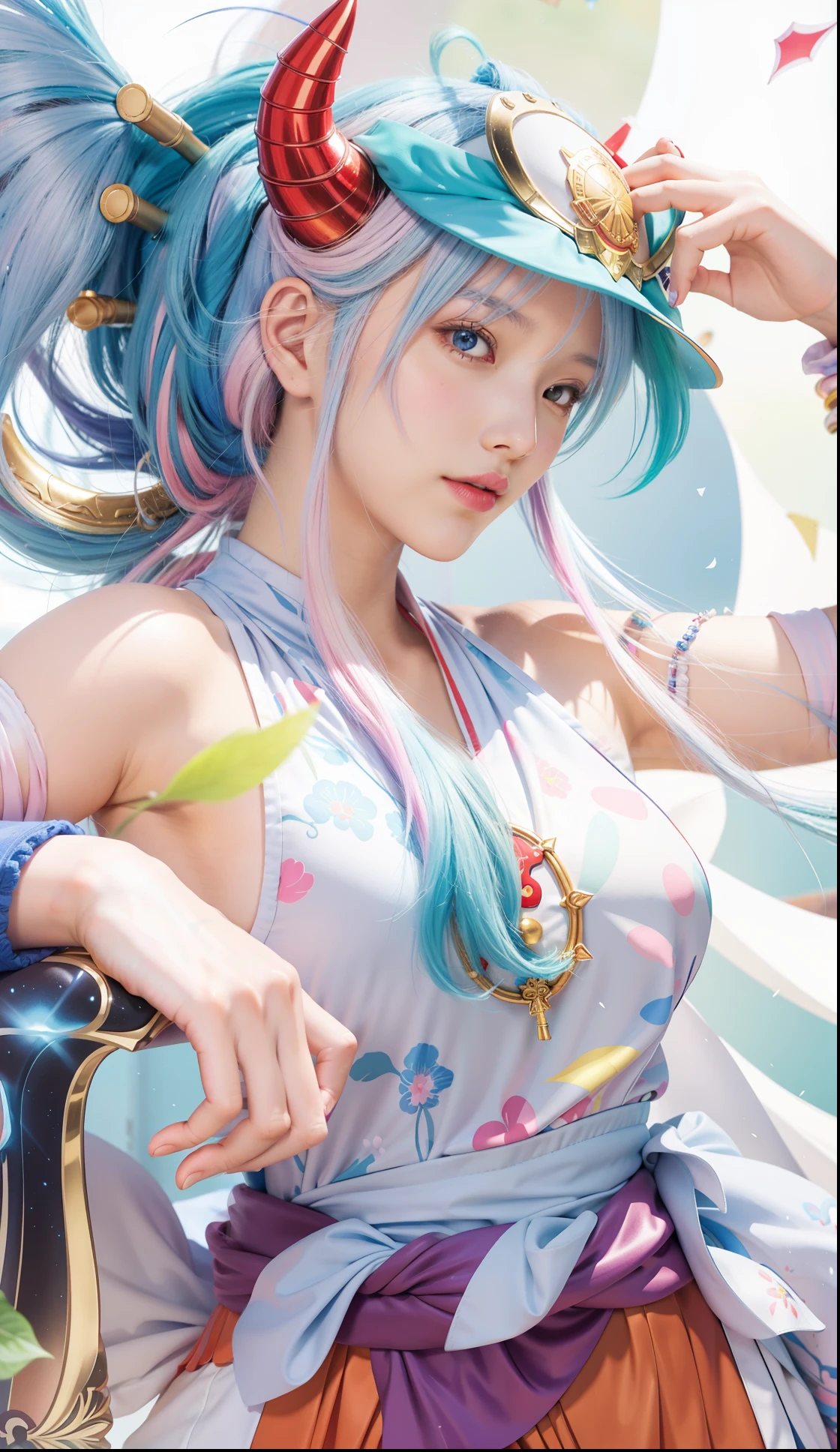 Close-up of a man in a hat and a sword, Anime girl with white hair, (There are red horns on the head), Official artwork, macross frontier splash art, rossdraws pastel vibrant, knights of zodiac girl, dreamy psychedelic anime, macross frontier, Detailed key anime art,Eiichiro Oda,author:Our Monday Lang,Inspired by Masanobu Omura,An anime cover,(One Piece,author:Tite Kubo,One Piece style)