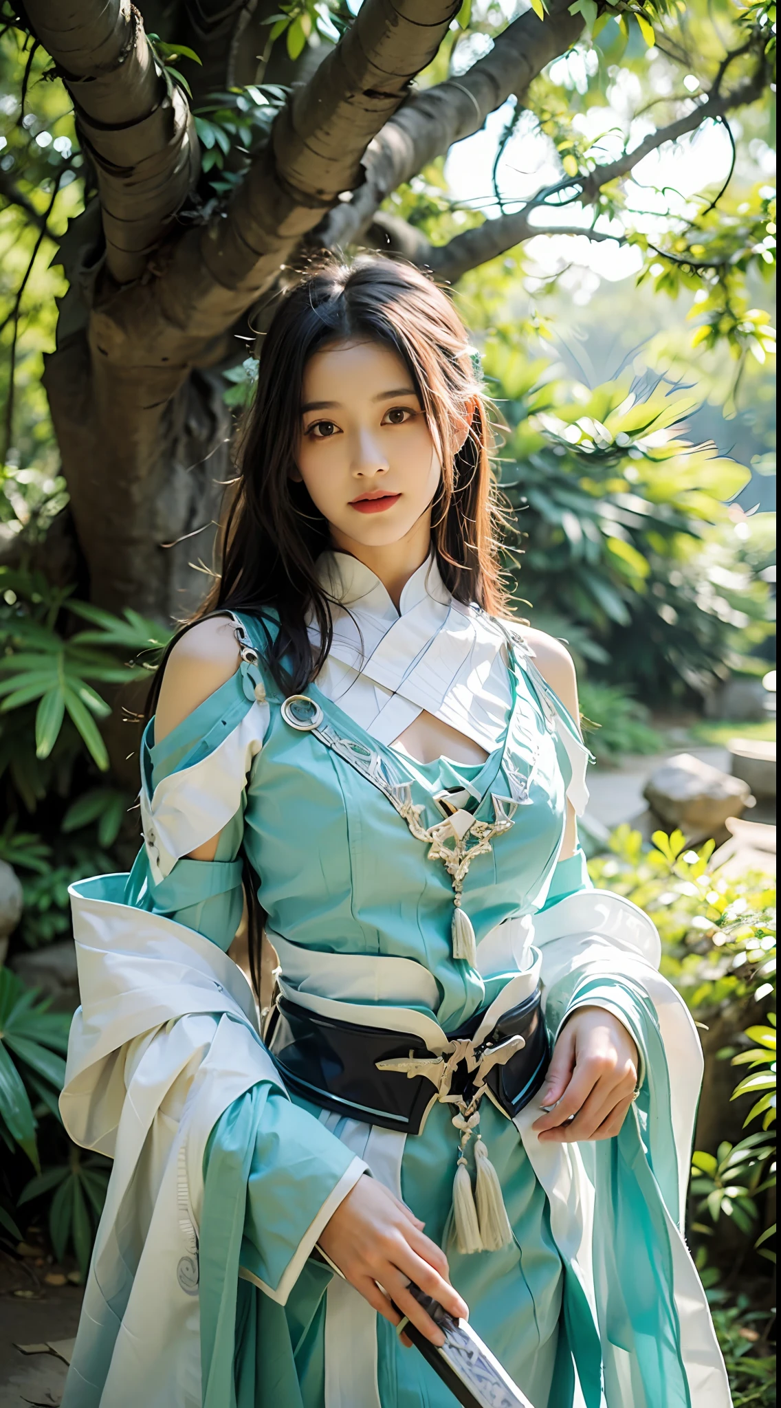 (((best quality))),(((ultra detailed))),(((masterpiece))),illustration,1woman,holding a sword,leaning against a big tree,confident posture,graceful and strong,her long hair flowing in the breeze,serene and determined expression,woodland setting with lush foliage,soft sunlight filtering through the leaves,magical and mysterious atmosphere