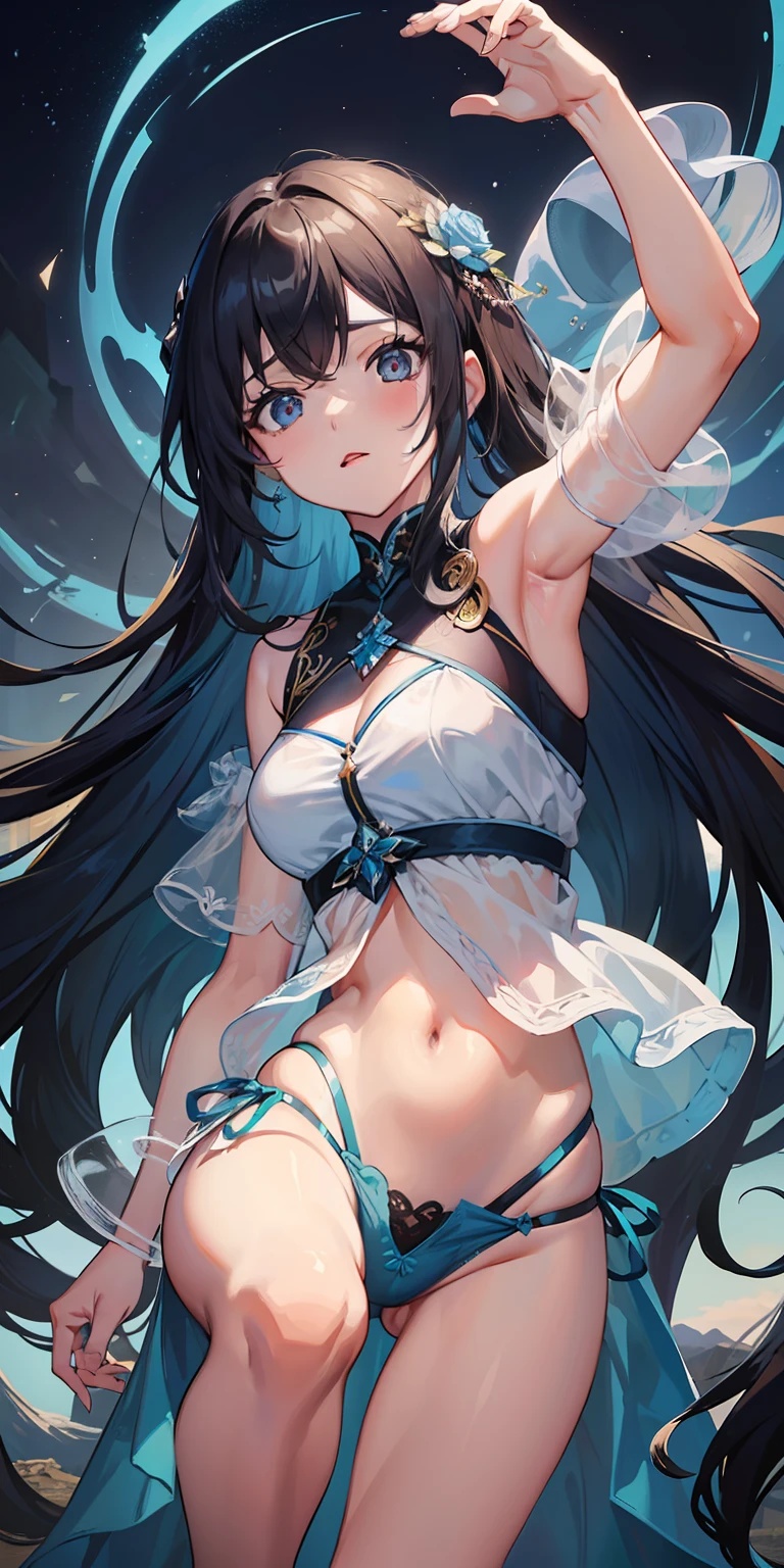 (Imagem rica, qualidade de obra-prima) arte requintada 8K CG, postura semelhante a deusa, movimento de joelhos, pele fina e macia, beautiful translucent, cabelo preto bonito, medium long hair and messy hair fusion aesthetic form, pele clara e suculenta, seios grandes uniforme JK, perspectiva parte 1,2 times enhanced silhouette effect, delicate pajamas transparent blue pattern, detalhes complexos e requintados, fundo ligeiramente desfocado, charming and lascivious leg-opening temptation, saliva jorrando.