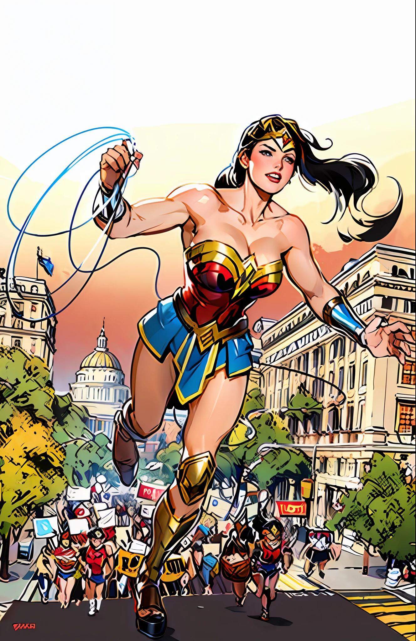 Wonder Woman corriendo y agitando su lazo (alta calidad, Better representation), (chica preciosa), (bomba, estilo pin-up)