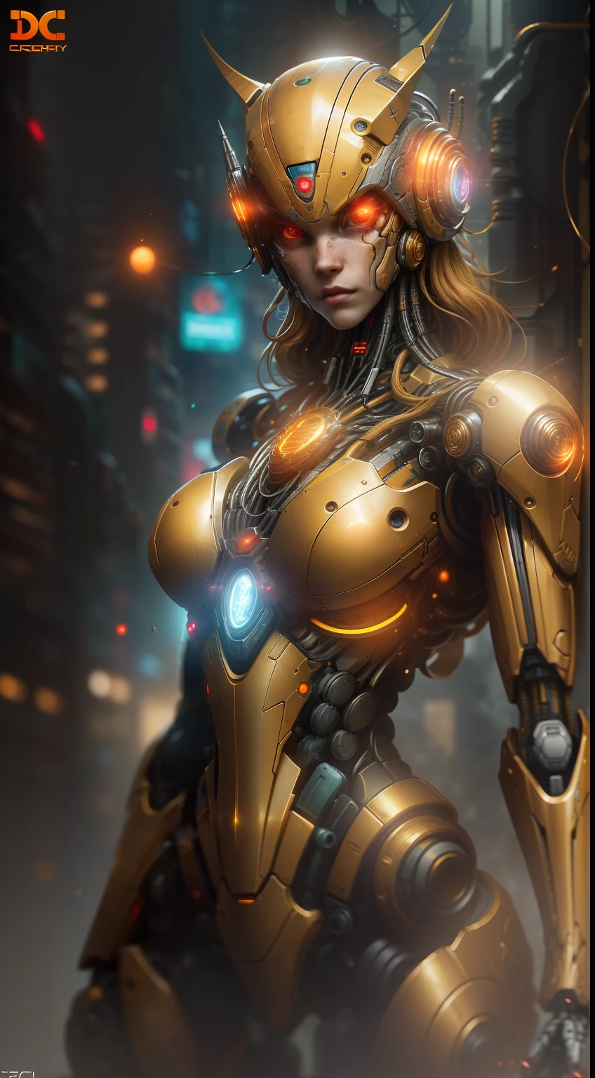 Flesh from DC photography, biomechanics, complex robot, golden Fish logo, full growth, hyper-realistic, crazy little details, incredibly clean lines, cyberpunk aesthetic, masterpiece featured on Zbrush Central, cyberpunk city backdrop