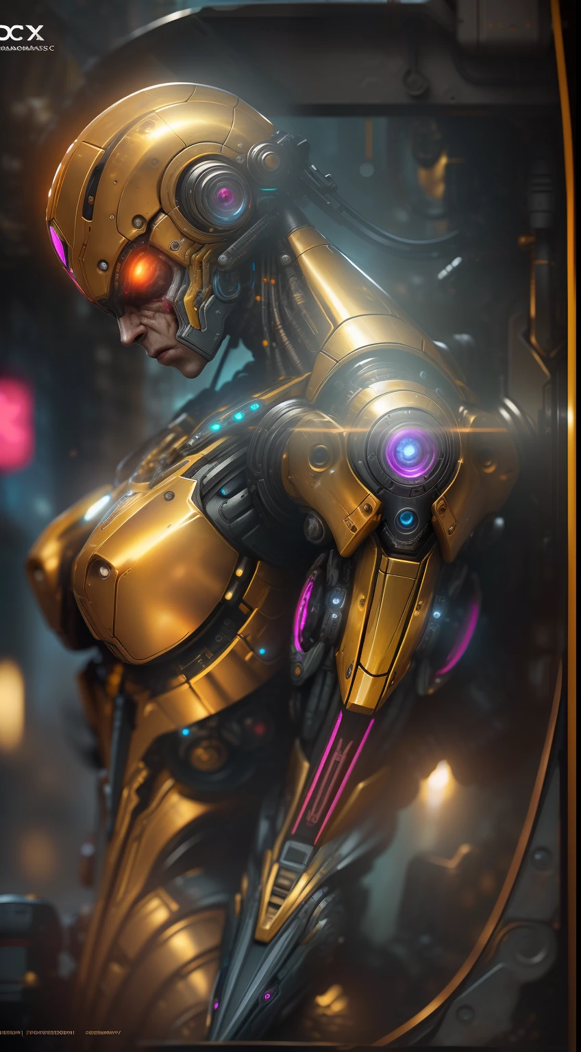Flesh from DC photography, biomechanics, complex robot, golden Fish logo, full growth, hyper-realistic, crazy little details, incredibly clean lines, cyberpunk aesthetic, masterpiece featured on Zbrush Central, cyberpunk city backdrop