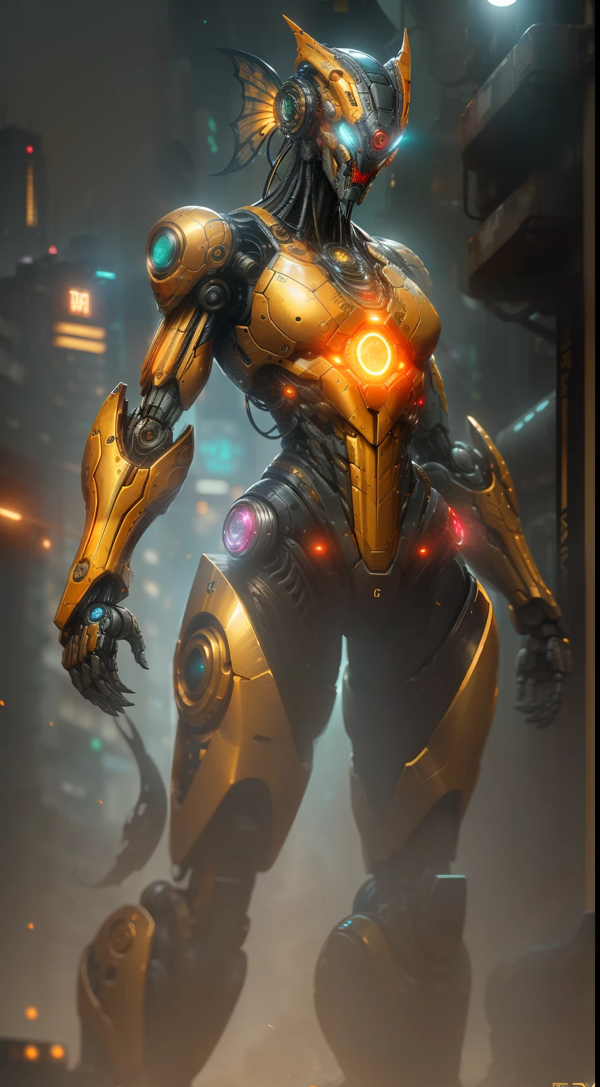 Flesh from DC photography, biomechanics, complex robot, golden Fish logo, full growth, hyper-realistic, crazy little details, incredibly clean lines, cyberpunk aesthetic, masterpiece featured on Zbrush Central, cyberpunk city backdrop