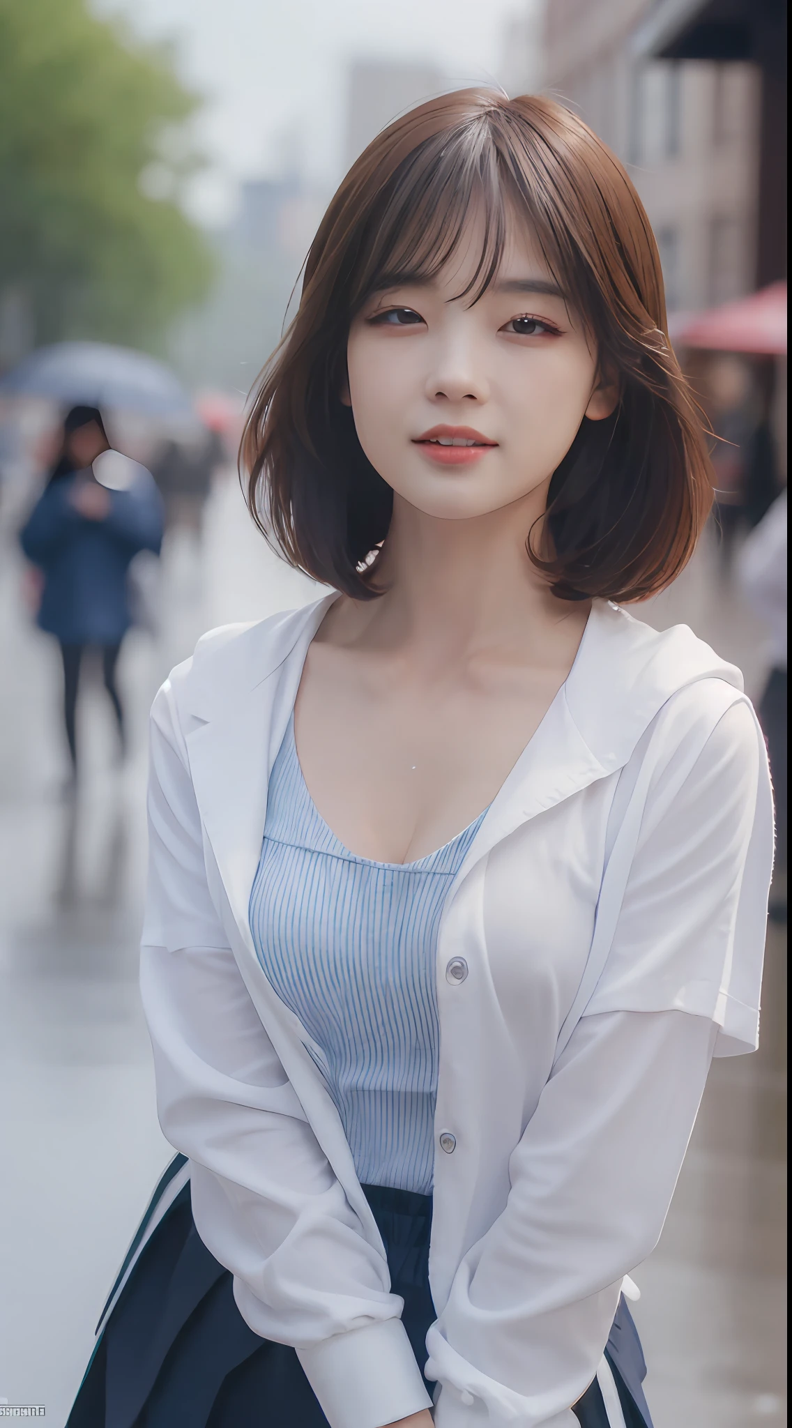((Best Quality, 8k, Masterpiece:1.3)), Focus:1.2, Perfect Body Beauty:1.4, Buttocks:1.2, ((Layered Haircut, Breasts:1.2)), (Wet Clothes:1.1) , (Rain, Street:1.3), Bandeau Dress: 1.1, Highly Detailed Face and Skin Texture, Fine Eyes, Double Eyelids, Whitened Skin, Long Hair, (Shut Up: 1.3)