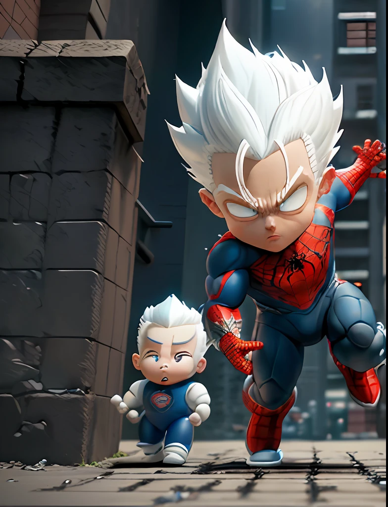 Spiderman, super saiyan, arm depiction, white and blue hair body, exquisite shoes, eye depiction, exquisite hair, popmart blind box, clay texture, stepping on the land, black and white background, natural lighting, most good quality, super detail, 3D art, c4d, OC renderer, 3D rendering, 8k