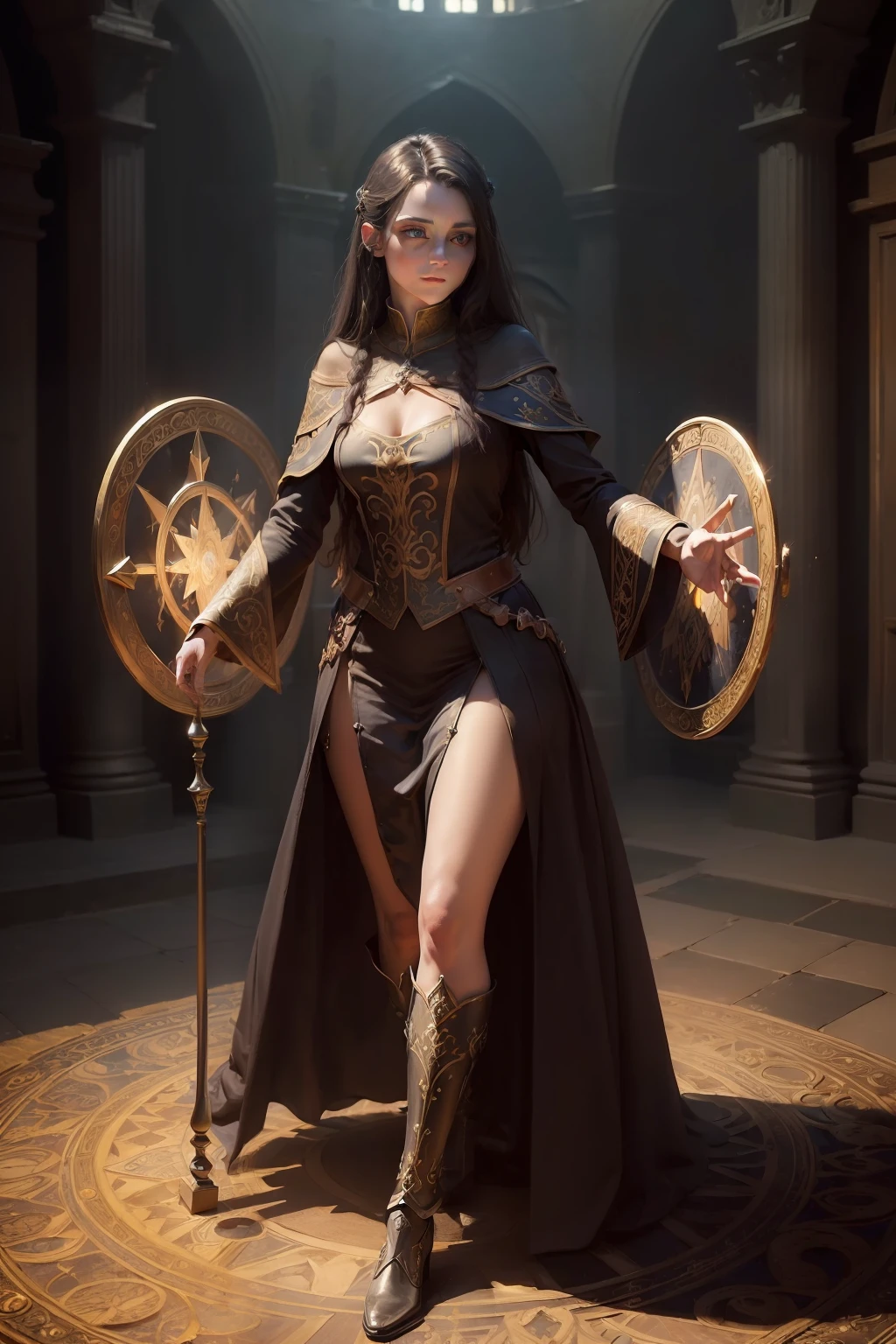 ((high quality, masterpiece:1.4)), young witch standing in a magic circle with glowing energy, photo realistic style, medieval theme, realistic proportions, dynamic pose, high details, intricate, intricate details, realistic lighting, extreme details, realistic pupils, realistic shadows,