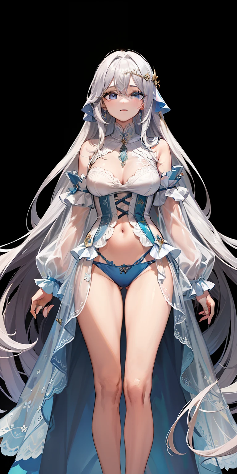 (Imagem rica, qualidade de obra-prima) arte requintada 8K CG, postura semelhante a deusa, movimento de joelhos, pele fina e macia, beautiful translucent, cabelo preto bonito, medium long hair and messy hair fusion aesthetic form, pele clara e suculenta, seios grandes uniforme JK, perspectiva parte 1,2 times enhanced silhouette effect, delicate pajamas transparent blue pattern, detalhes complexos e requintados, fundo ligeiramente desfocado, charming and lascivious leg-opening temptation, saliva jorrando.