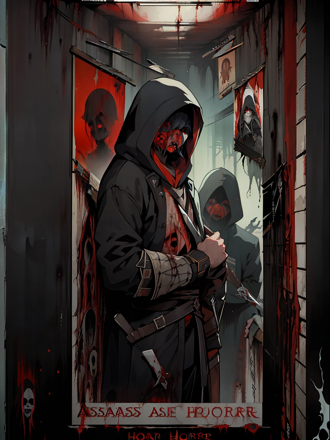 Best quality, 4k, a young guy, assassin, in hoodie, hidden eyes, black background, red, knife, scenery, rock, one piece, ((coat)), diffuse glow, middle age era, (title that says "assassin":2), spooky title, anime, cartoon, (poster:2), (horror movie:2)