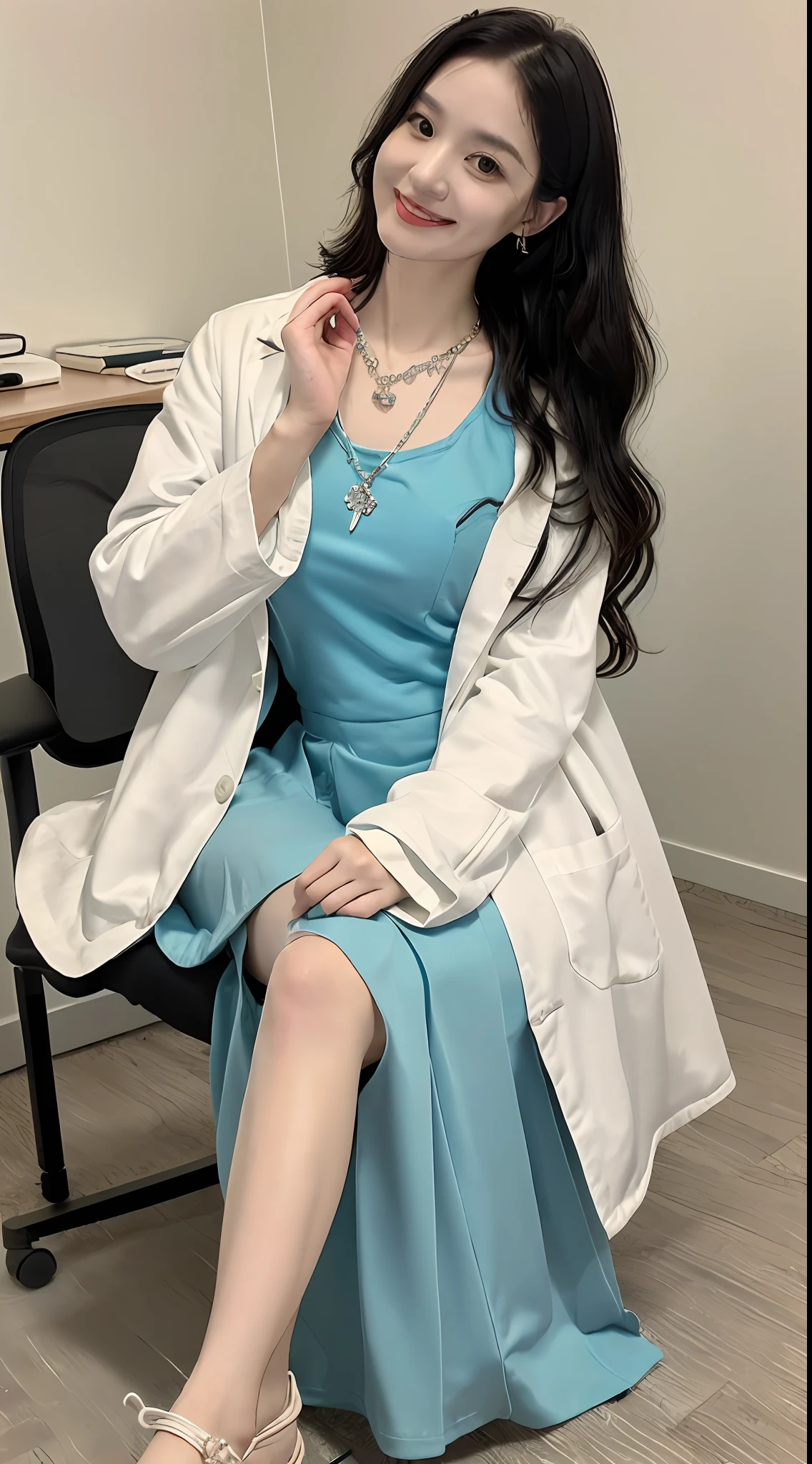 ((top-quality、8K、masterpiece:1.3))、((1womanl))、((A Japanese Lady))、((A MILF))、((45 yers old))、((slim figure))、((Female Ophthalmologist))、((Detailed eye examination room))、((Office Desk))、((Detailed office chair))、((Sitting on an office chair))、((beautifully detailed hair))、((Black hair Long hair))、((Extraordinary beauty))、((Beautiful and ultra-detailed face))、((kindly smile))、((Detailed lab coat))、((Beautiful and detailed scruff))、((Detailed necklace))、((Beautiful and detailed hands))、((Detailed long skirt))、((Long skirt rolled up))、((Detailed beautiful legs))、((Detailed anklet))