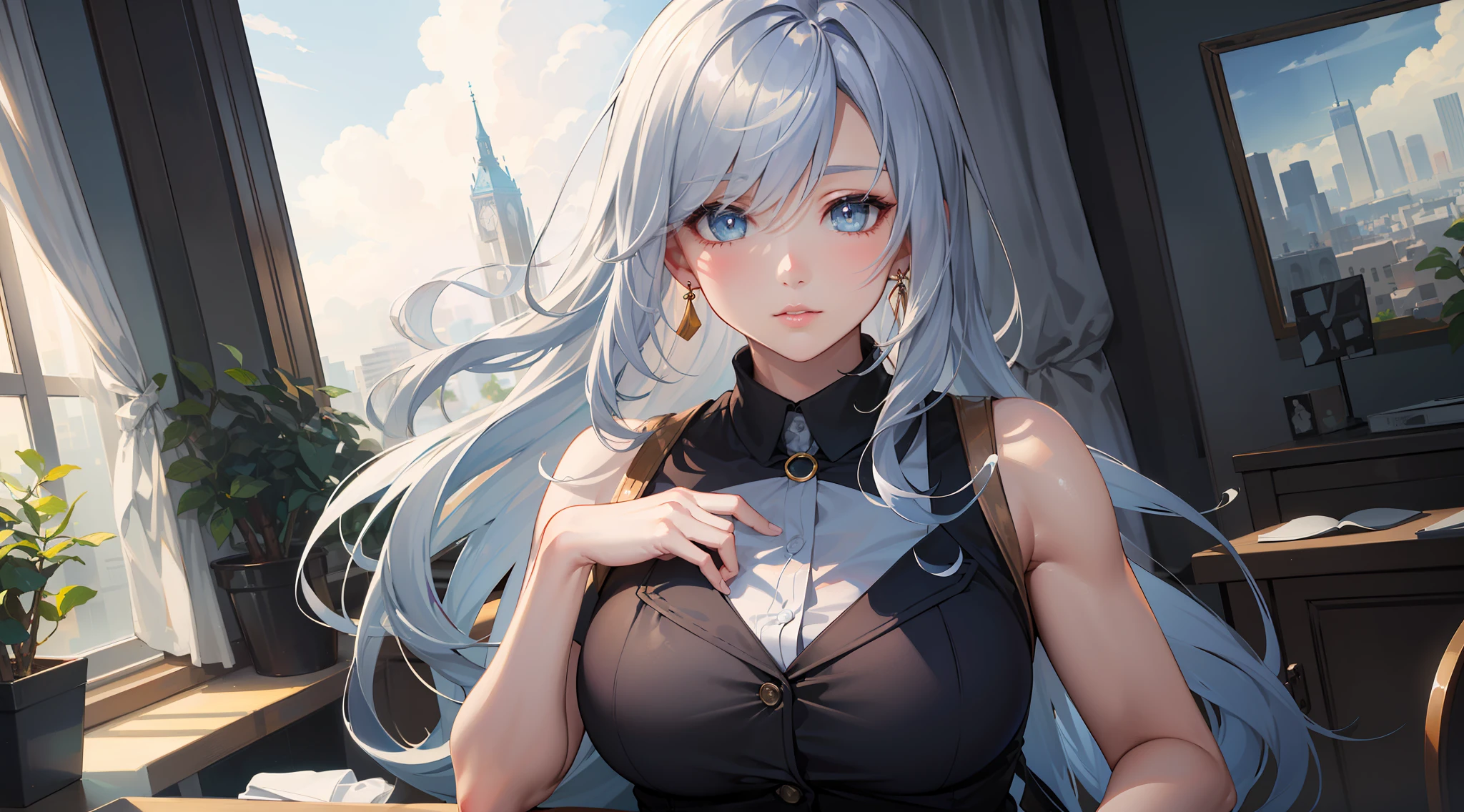 office girl, office suit, upper body, seductive look, blush, indoors, in office, looking at viewer, cloudy, moody lighting, (perfect detail eyes:1.2), glowing eyes, (long hair one braid:1.2), elemental skill effect, (Masterpiece, Best Quality, High Quality:1.4), professional artwork, Intricate Details, field of view, sharp focus, detailed painting, photorealistic lighting, trending on pixiv, (vivid lighting, vibrant colors:1.05), realistic shadows, ambient occlusion, (athletic body:1.3), mature woman, 30yo, shenhe, hyperdetail eyes, beautiful eyes, (((solo:1.4))), semi-realistic hair