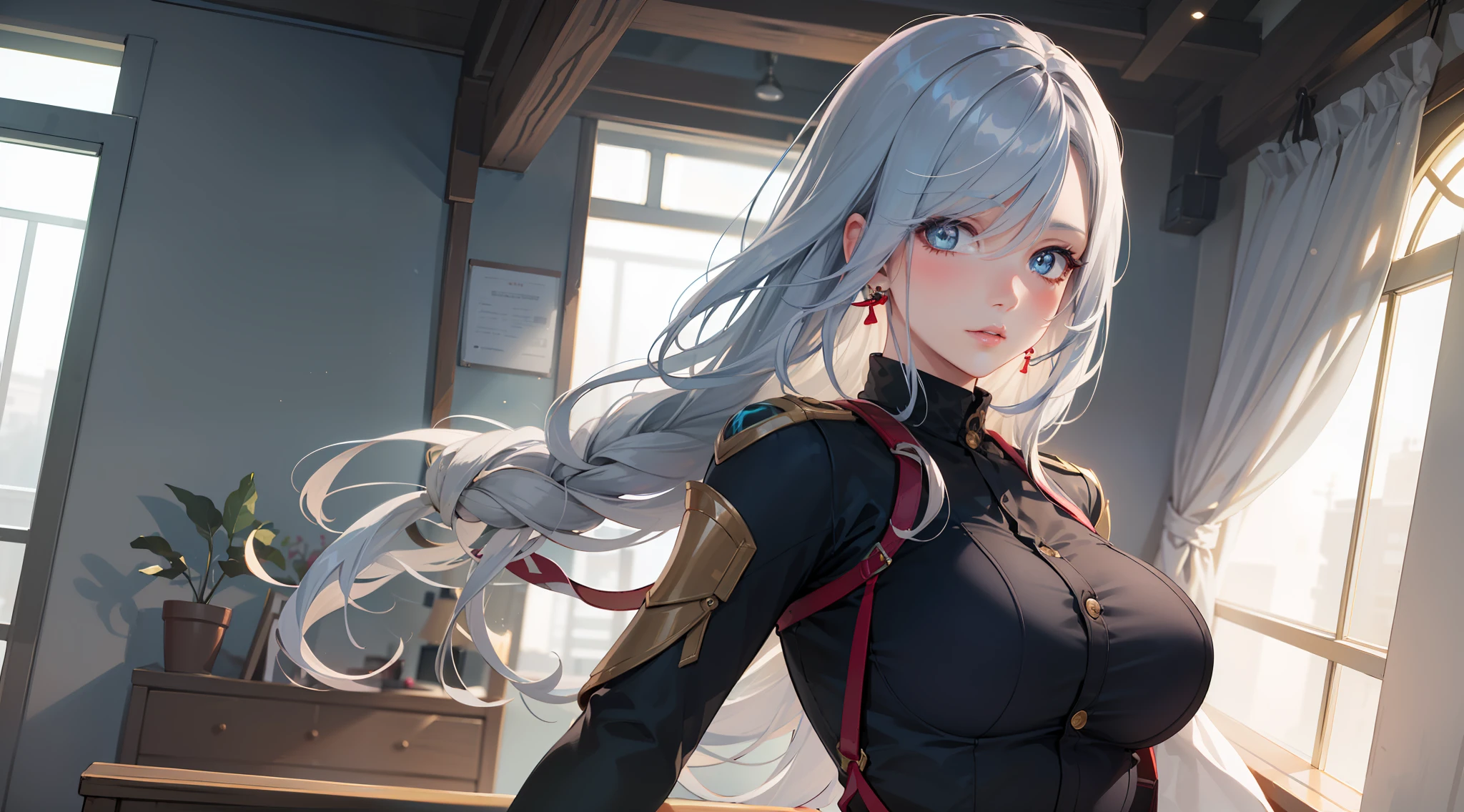 office girl, office suit, upper body, seductive look, blush, indoors, in office, looking at viewer, cloudy, moody lighting, (perfect detail eyes:1.2), glowing eyes, (long hair one braid:1.2), elemental skill effect, (Masterpiece, Best Quality, High Quality:1.4), professional artwork, Intricate Details, field of view, sharp focus, detailed painting, photorealistic lighting, trending on pixiv, (vivid lighting, vibrant colors:1.05), realistic shadows, ambient occlusion, (athletic body:1.3), mature woman, 30yo, shenhe, hyperdetail eyes, beautiful eyes, (((solo:1.4))), semi-realistic hair