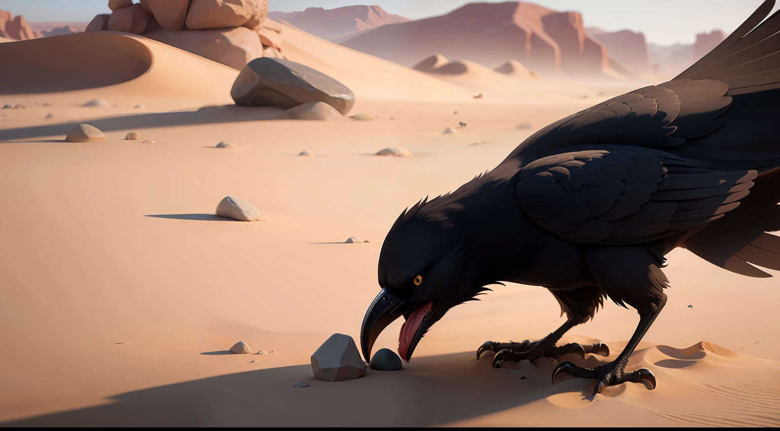 Crow picks up pebbles in the desert, 8k, high quality, realistic
