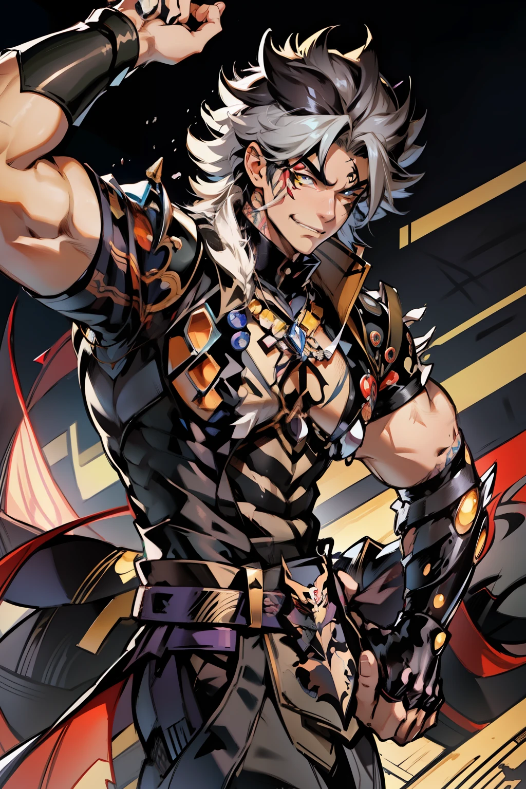 《the original god》Arataki Kazuto , male people，，((Masterpiece)), ((Best quality)), Ultra detailed,((illustration)), Dynamic Angle, Detailed light, (Delicate eyes), Floating, 1boy, Male focus, Head, Clothing, Yellow eyes, necklace, tattoo, (Forehead:0.8), (ahoge:0.8), jewelry, apathy，Ray， chest muscle， Sexy , Venom symbiote for your body, Black mucus of the body , （into venom）, Venom，frontage，style of anime4 K， 4K anime wallpaper， Badass anime 8 K， 4 k comic wallpaper， young anime man， Anime boys， Anime wallpapers 4 k， Anime wallpaper 4K， High quality anime art style， Anime moe art style， Anime art wallpaper 8 K， Anime art wallpaper 4 K， RGB lighting