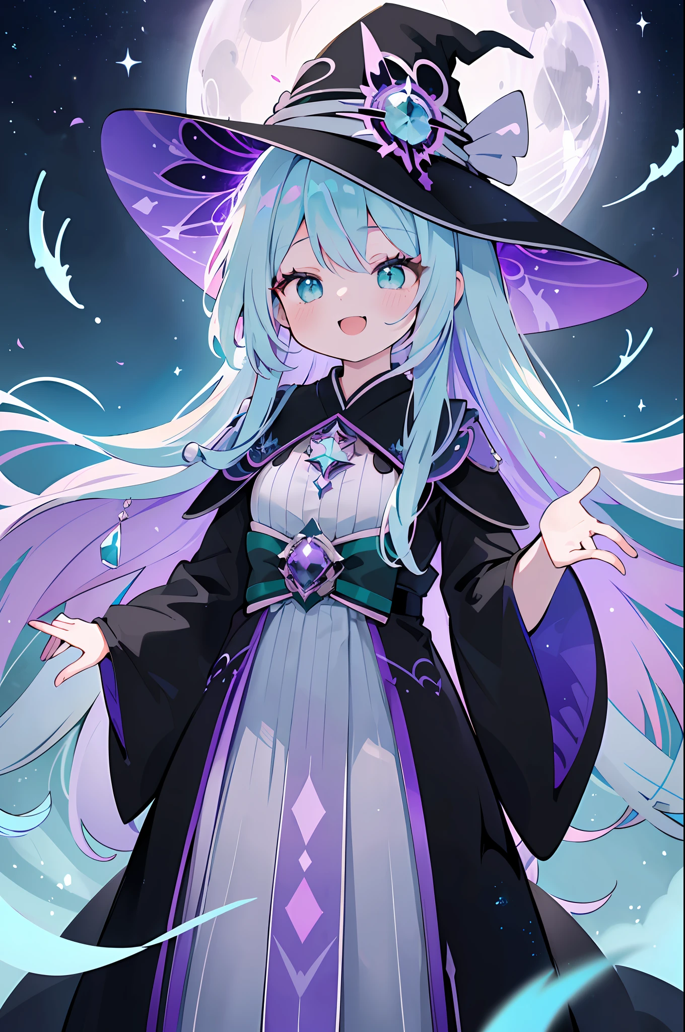 1 girl in、((Purple and light blue gradient hair))、(Longhaire)、Emerald green eyes、twinkle、Jewel-like eyes、Gradient hair、((Black robe))、witch's hat、the witch、Fluffy skirt、kawaii、closed eyes smile、Smile with open mouth、Castle background、the bats、fullmoon、((Masterpiece Highest Quality:1.3)), [[bad face]], [[Tangled fingers]], [[[[Multiple arms]]]]