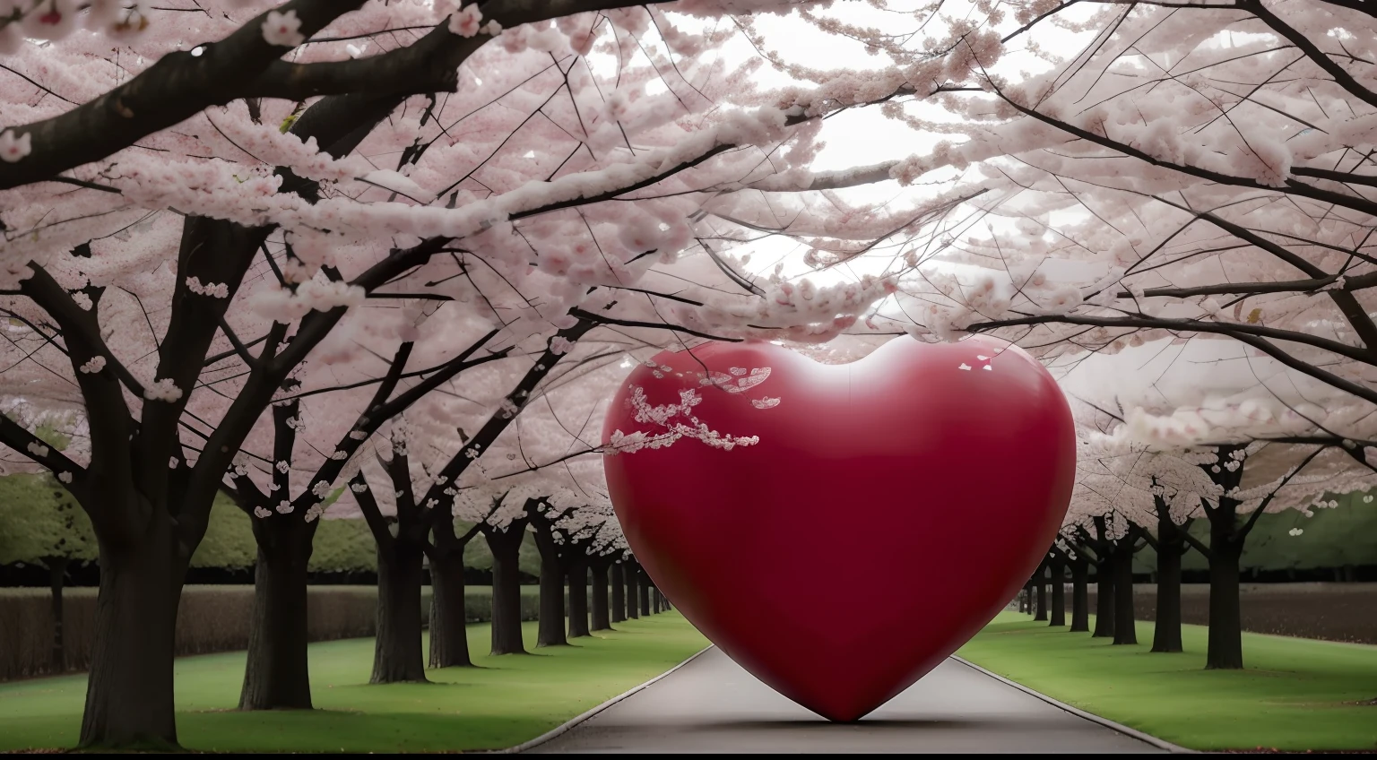Create a huge red heart in the middle of a grove of radiant cherry trees