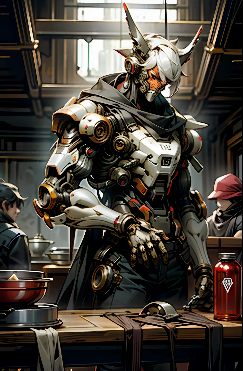 Dark_Fantasy,Cyberpunk,(chain saw,chain saw man,Red:1.1),1man,Mechanical marvel,Robotic presence,Cybernetic guardian,wearing a worn-out mech suit，iintricate，（Steel metal[rusted]），ellegance，Clear focus，Photo by Greg Rutkowski，gentlesoftlighting，vivd colour，tmasterpiece，（（the street）），cow boy shot，dynamicposes，droid，kitchens，cook