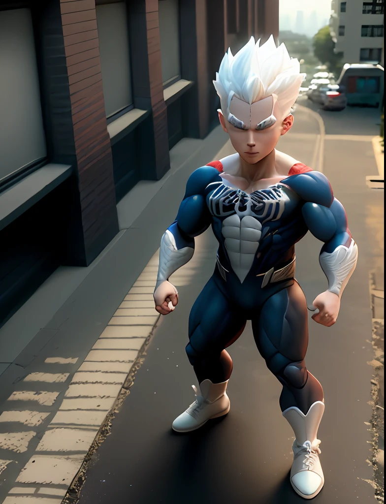 Spiderman, super saiyan, arm depiction, white and blue hair body, exquisite shoes, eye depiction, exquisite hair, popmart blind box, clay texture, stepping on the land, black and white background, natural lighting, most good quality, super detail, 3D art, c4d, OC renderer, 3D rendering, 8k