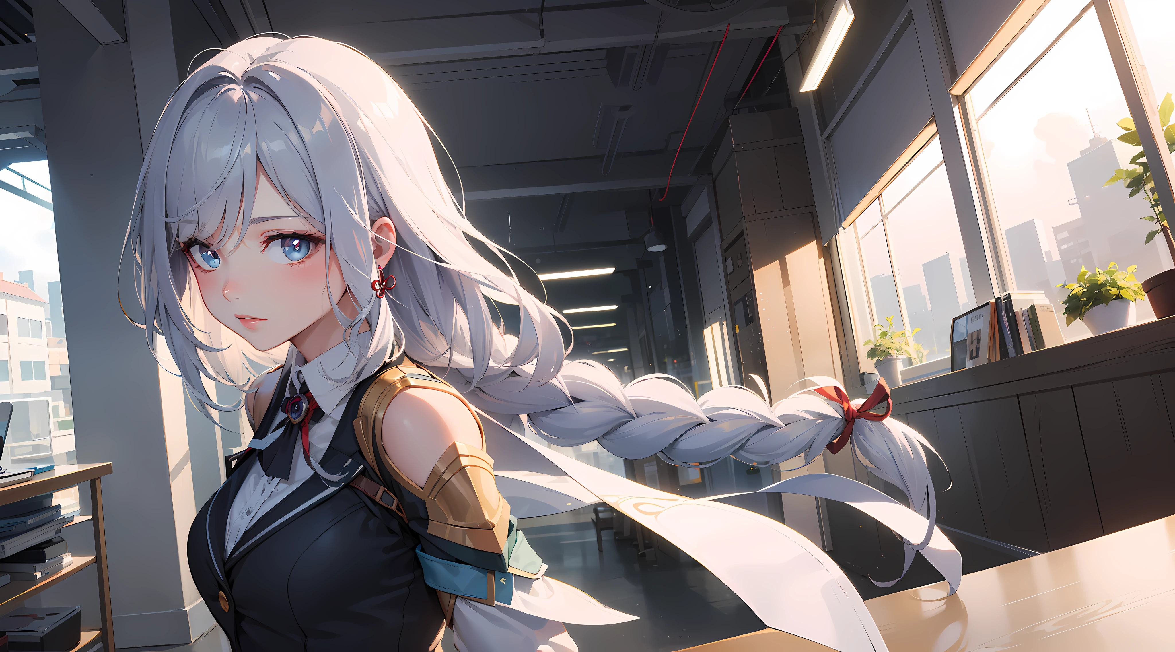 office girl, office suit, upper body, seductive look, blush, indoors, in office, looking at viewer, cloudy, moody lighting, (perfect detail eyes:1.2), glowing eyes, (long hair one braid:1.2), elemental skill effect, (Masterpiece, Best Quality, High Quality:1.4), professional artwork, Intricate Details, field of view, sharp focus, detailed painting, photorealistic lighting, trending on pixiv, (vivid lighting, vibrant colors:1.05), realistic shadows, ambient occlusion, (athletic body:1.3), mature woman, 30yo, shenhe, hyperdetail eyes, beautiful eyes, (((solo:1.4))), semi-realistic hair