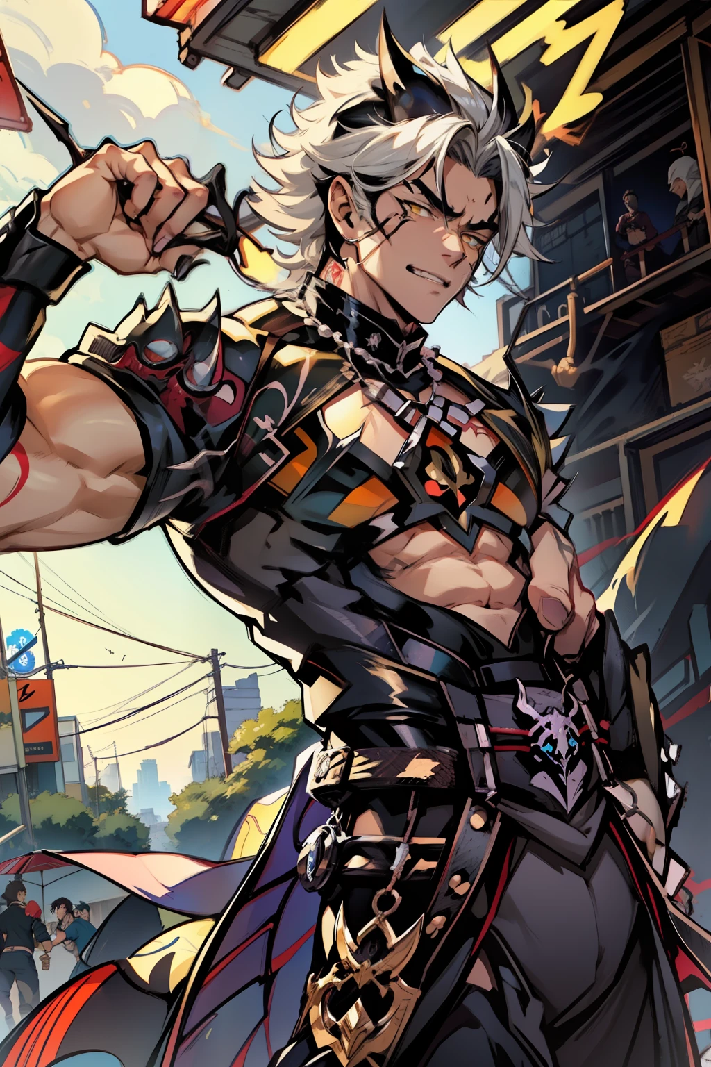 《the original god》Arataki Kazuto , male people,,((Masterpiece)), ((Best quality)), Ultra detailed,((illustration)), Dynamic Angle, Detailed light, (Delicate eyes), Floating, 1boy, Male focus, Head, Clothing, Yellow eyes, necklace, tattoo, (Forehead:0.8), (ahoge:0.8), jewelry, apathy,Ray, chest muscle, Sexy , Venom symbiote for your body, Black mucus of the body , (into venom), Venom,frontage,style of anime4 K, 4K anime wallpaper, Badass anime 8 K, 4 k comic wallpaper, young anime man, Anime boys, Anime wallpapers 4 k, Anime wallpaper 4K, High quality anime art style, Anime moe art style, Anime art wallpaper 8 K, Anime art wallpaper 4 K, RGB lighting