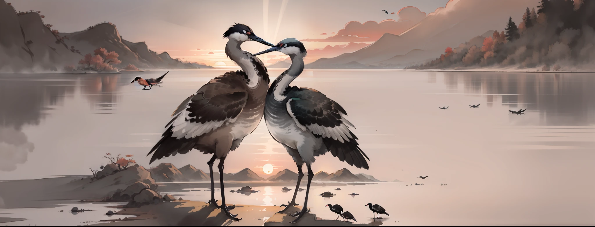 ink and watercolor painting,ink,water ink,(black, White and gray:1.5),The sunset and the solitary crane fly together,The autumn water is the same for a long time,The beauty of ancient poetry,the setting sun,Wild geese in the sky in the distance,Ancient buildings are scattered,Works of masters,super-fine,high qulity,8K分辨率